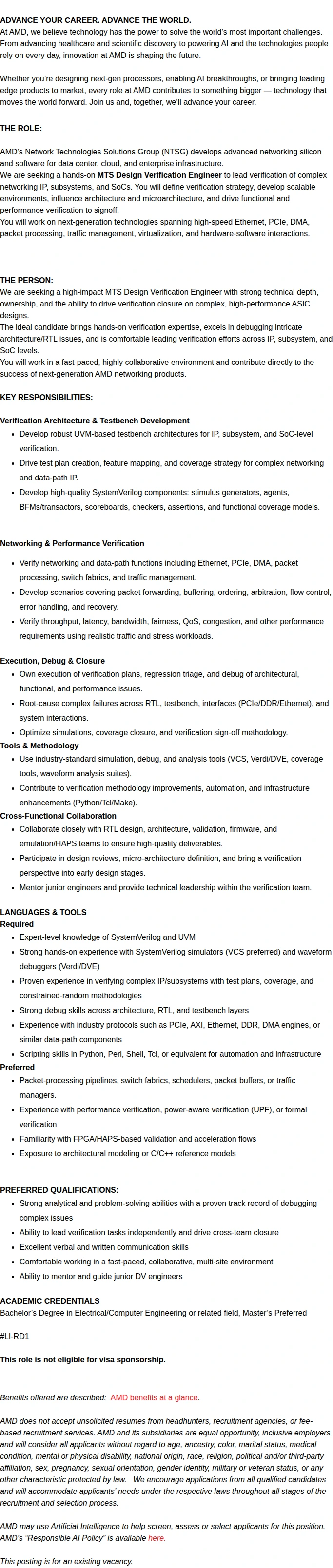 AMD MTS Silicon Design Engineer 채용공고