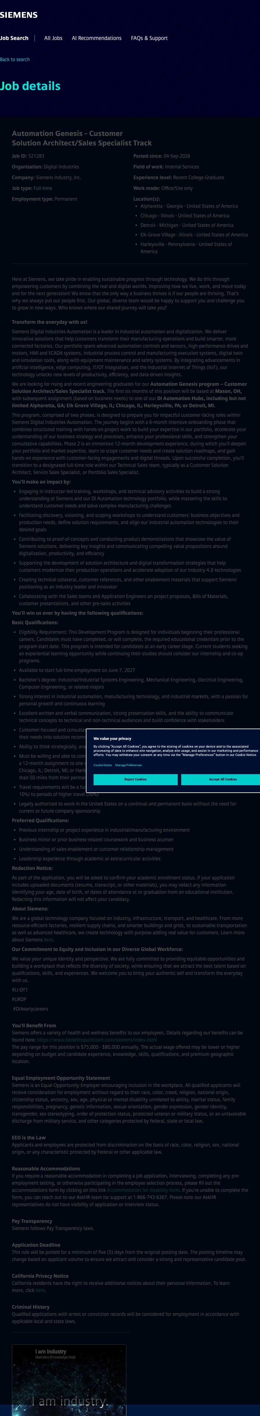 지멘스 Automation Genesis - Customer Solution Architect/Sales Specialist Track 채용공고
