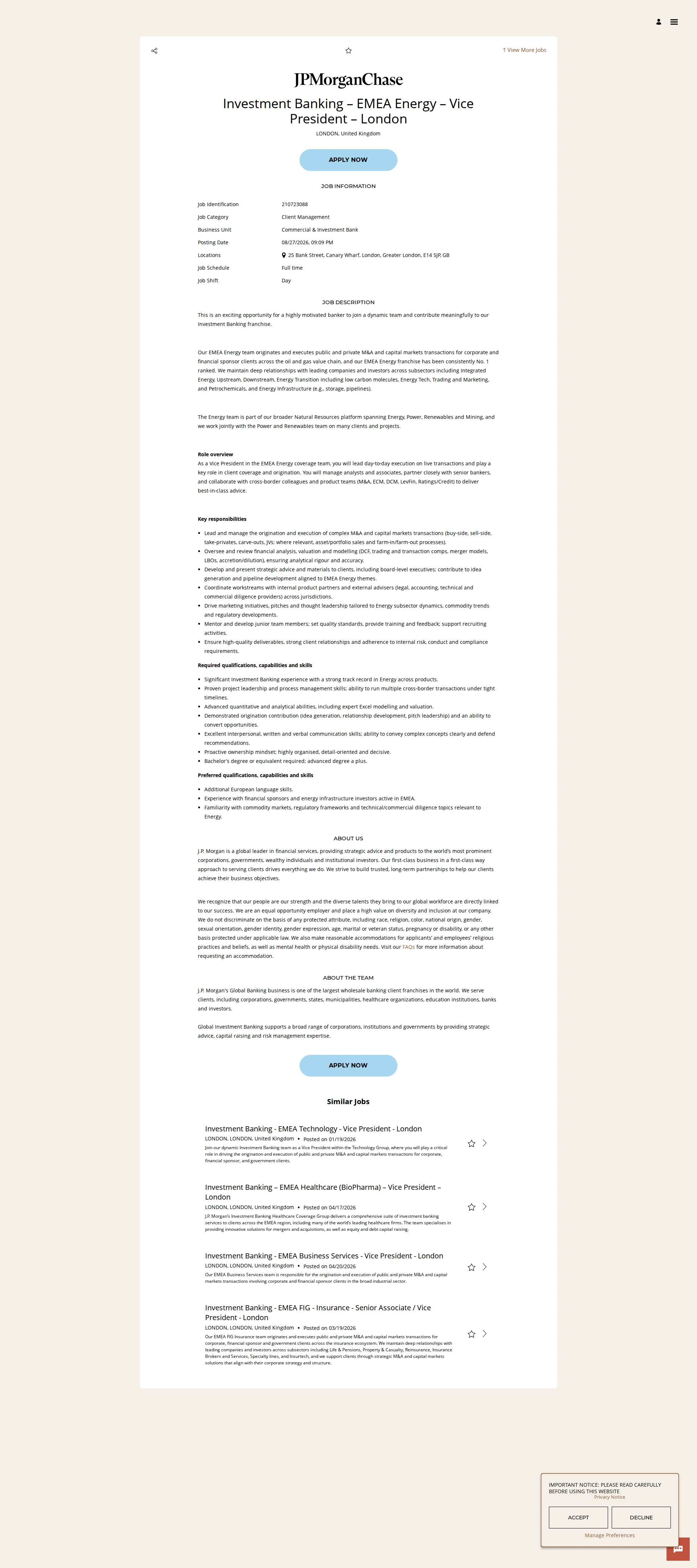 JPMorganChase Investment Banking – EMEA Energy – Vice President – London 채용공고