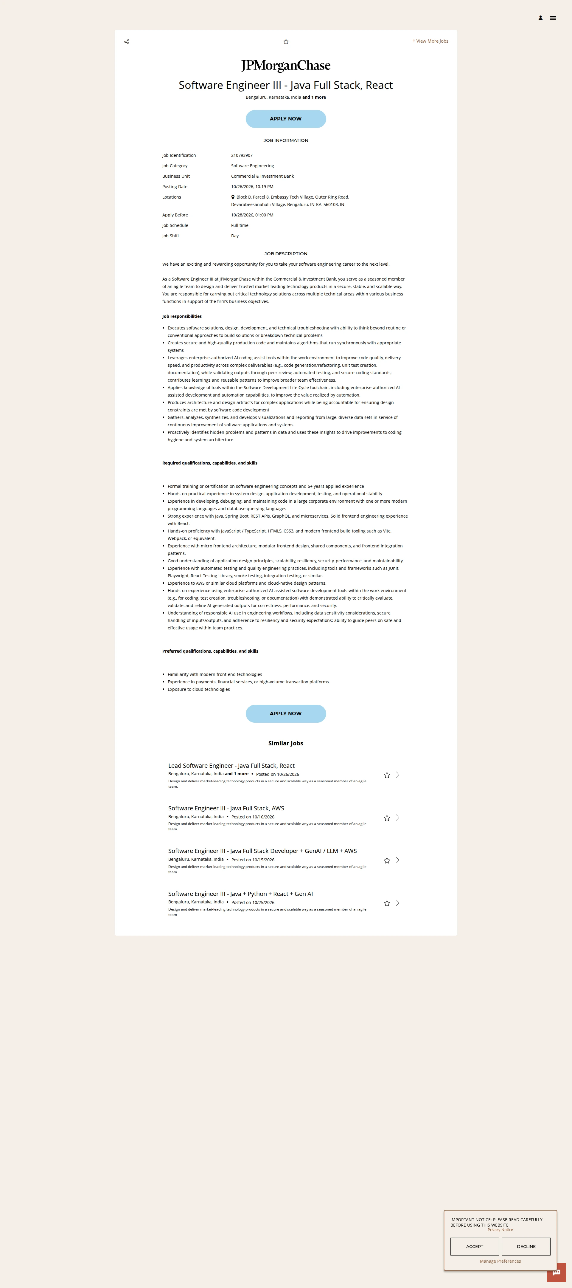 JPMorganChase Software Engineer III - Java Full Stack, React 채용공고