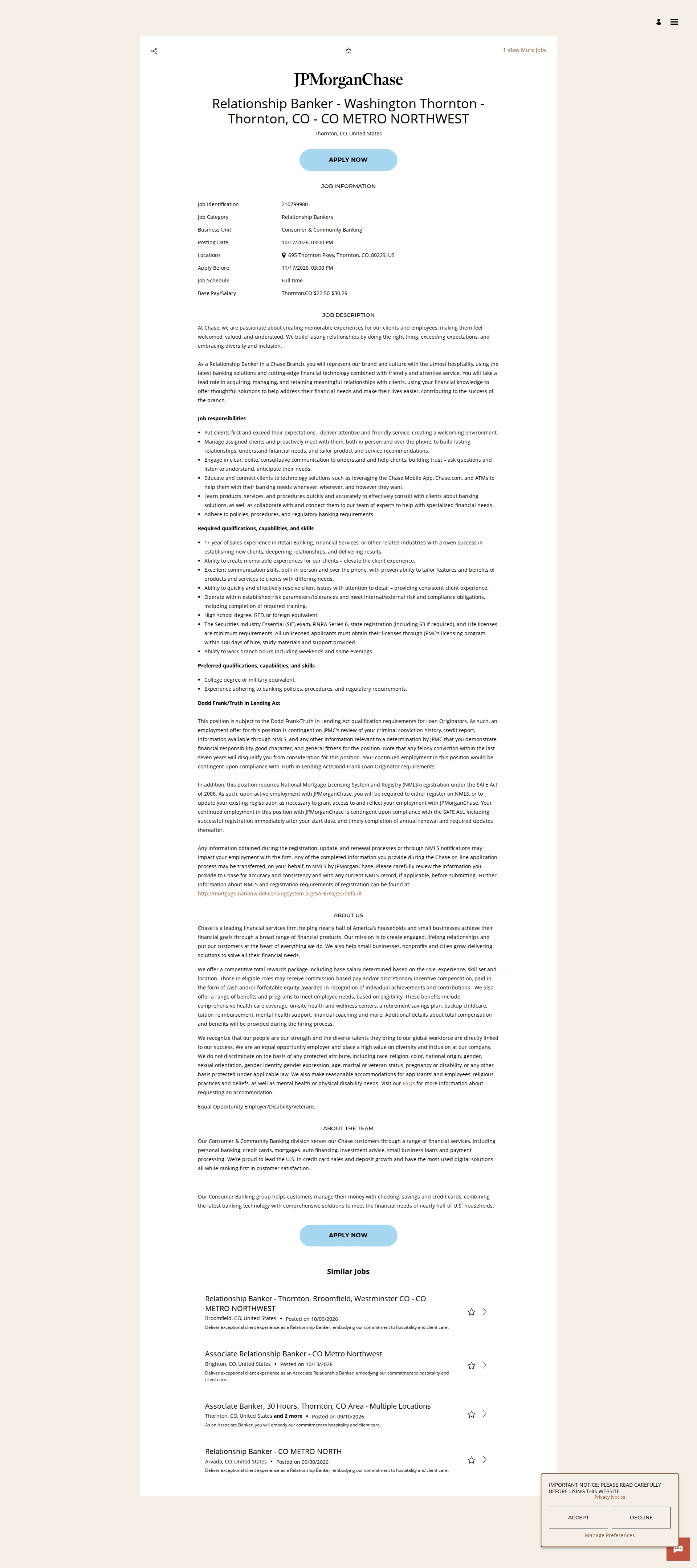 JPMorganChase Relationship Banker - Washington Thornton - Thornton, CO - CO METRO NORTHWEST 채용공고