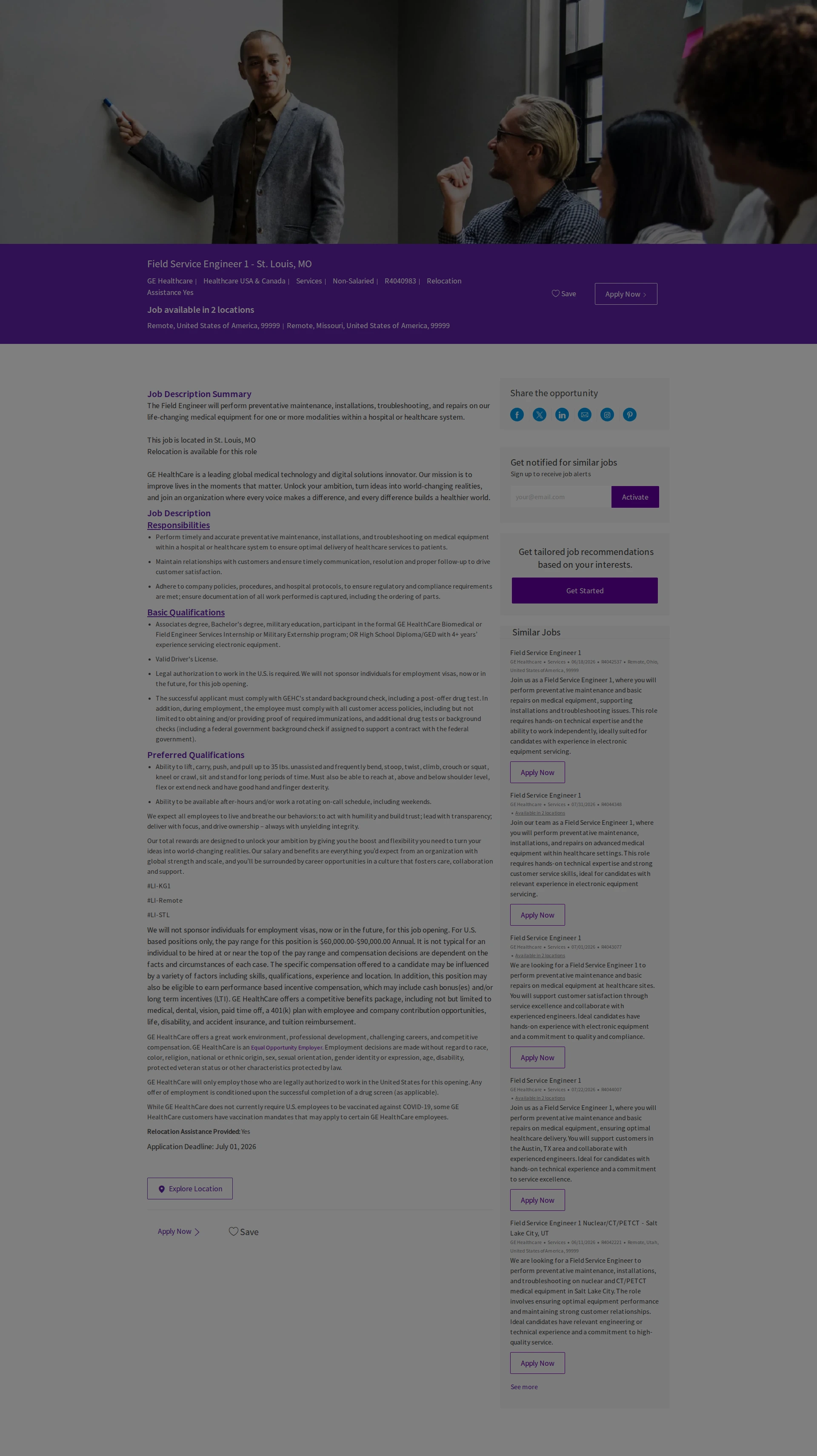 GE헬스케어 Field Service Engineer 1 - St. Louis, MO 채용공고