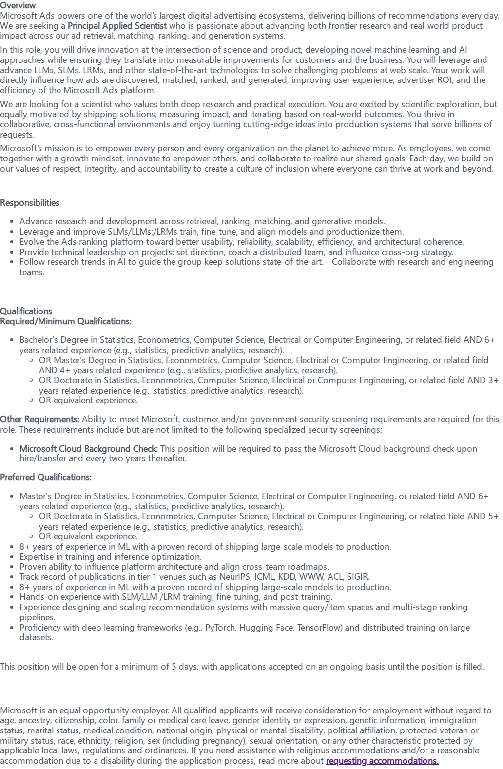 마이크로소프트(Microsoft) Principal Applied Scientist - Ads Ranking & Retrieval 채용공고