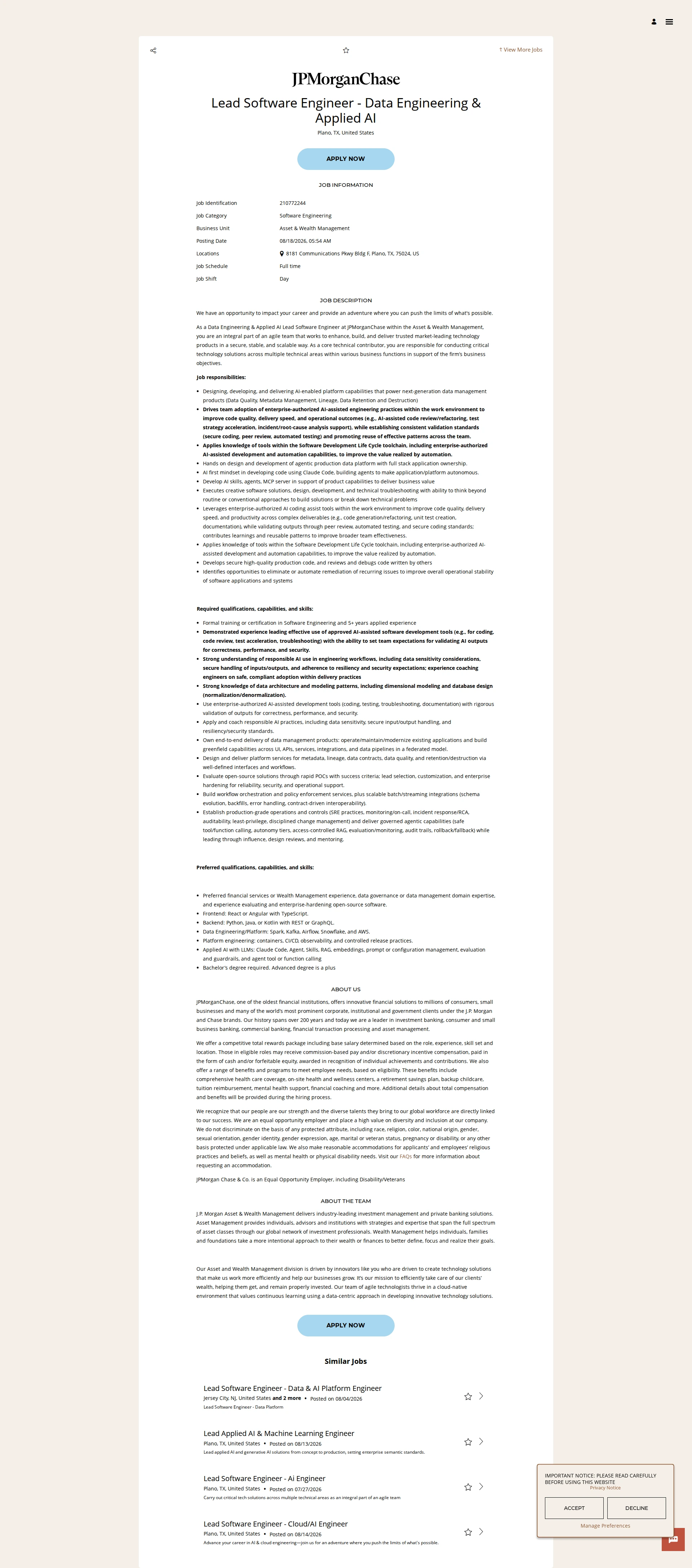 JPMorganChase Lead Software Engineer - Data Engineering & Applied AI 채용공고