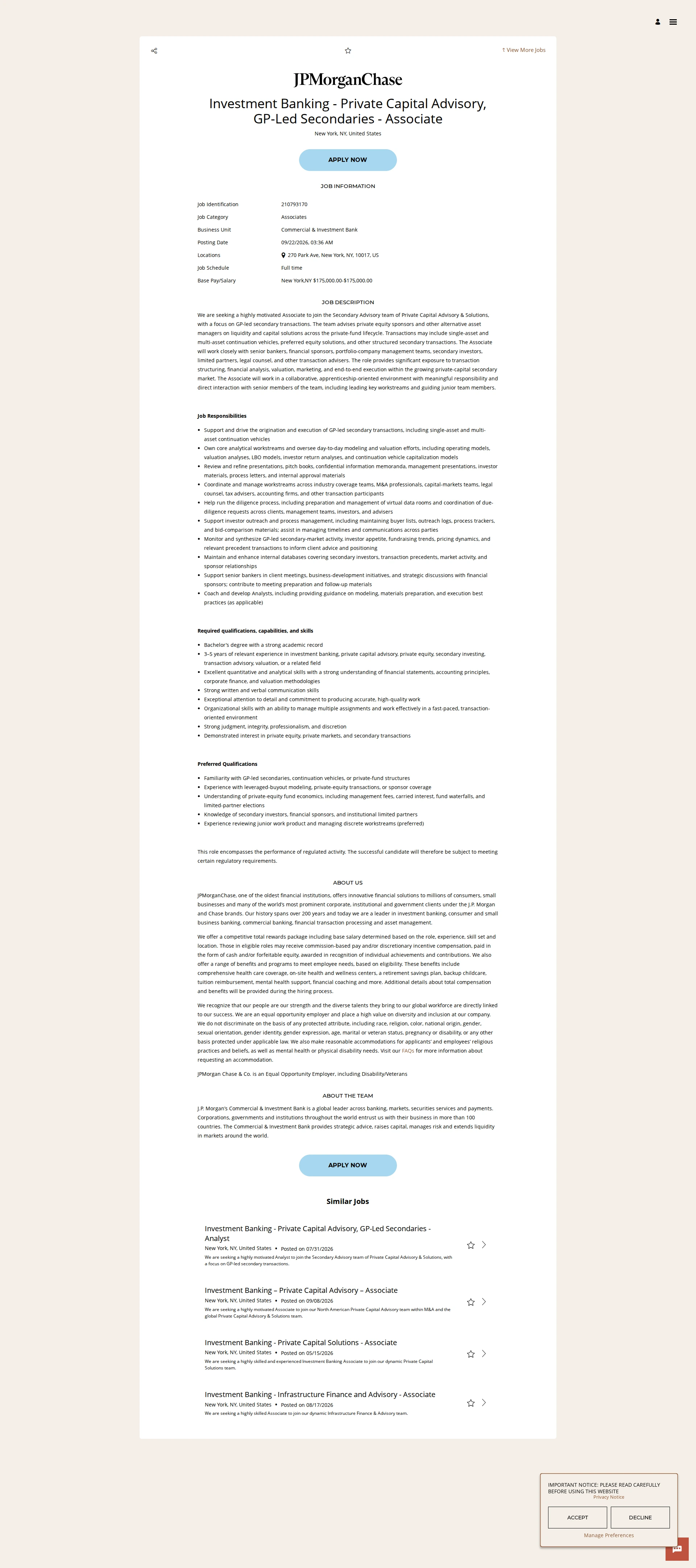 JPMorganChase Investment Banking - Private Capital Advisory, GP-Led Secondaries - Associate 채용공고