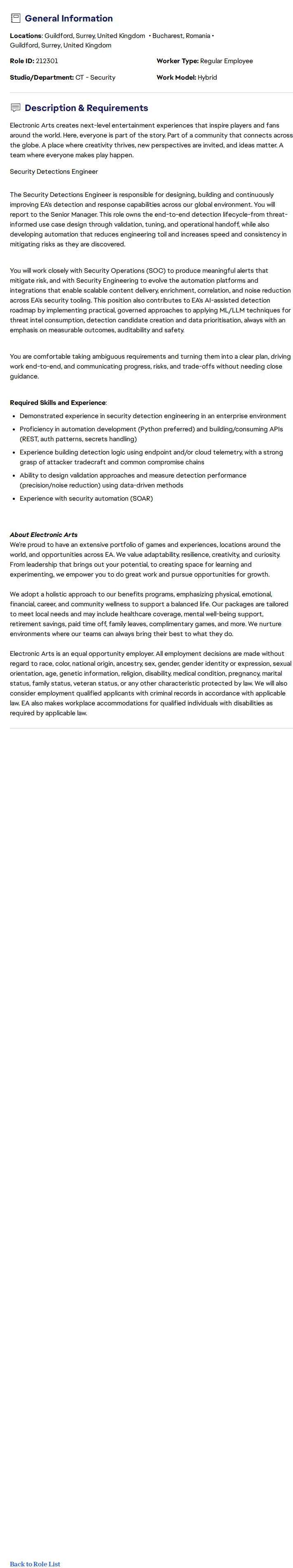 ElectronicArts Detection Engineer 채용공고