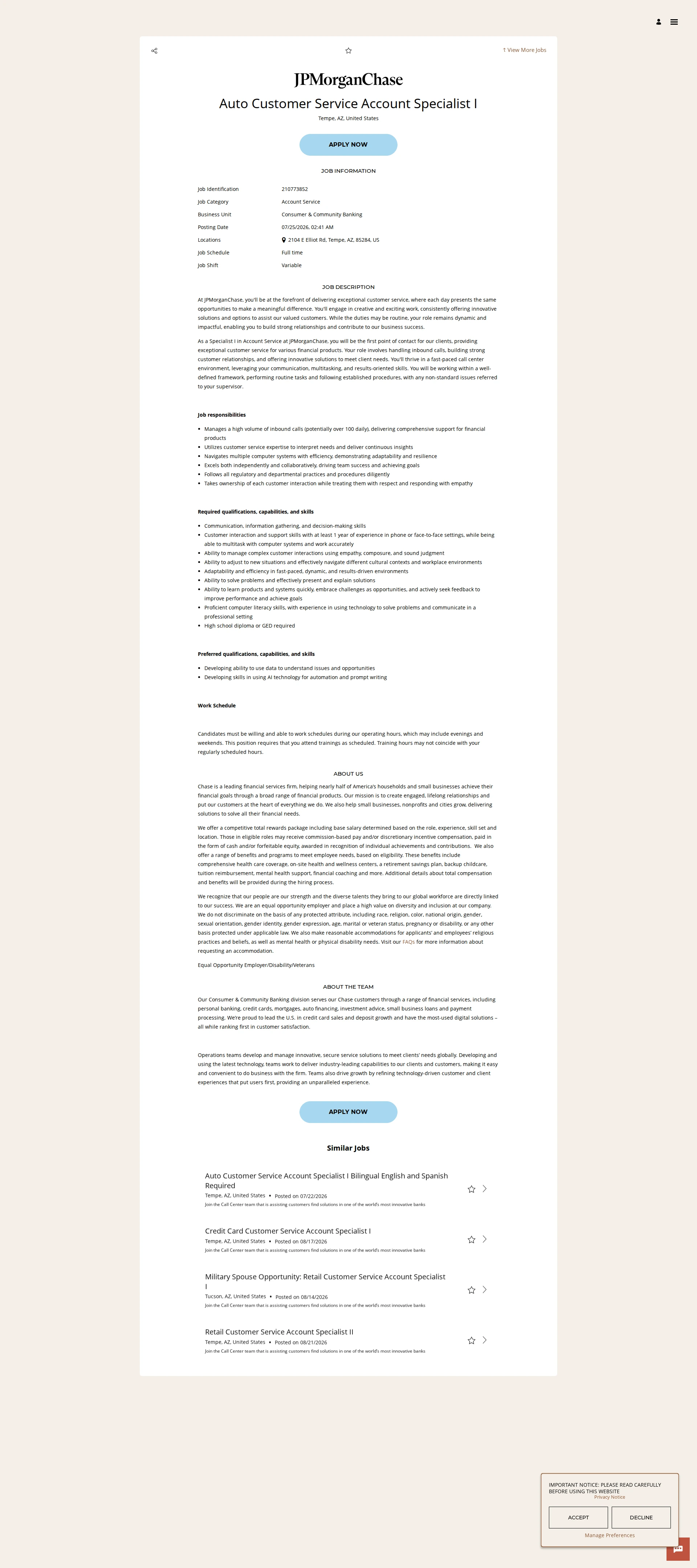 JPMorganChase Auto Customer Service Account Specialist I 채용공고