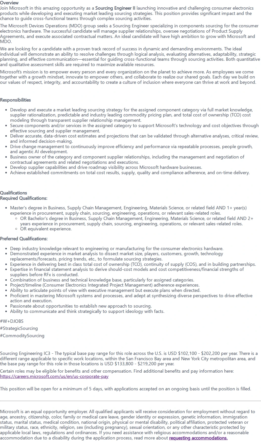 마이크로소프트(Microsoft) Sourcing Engineer II - Component 채용공고