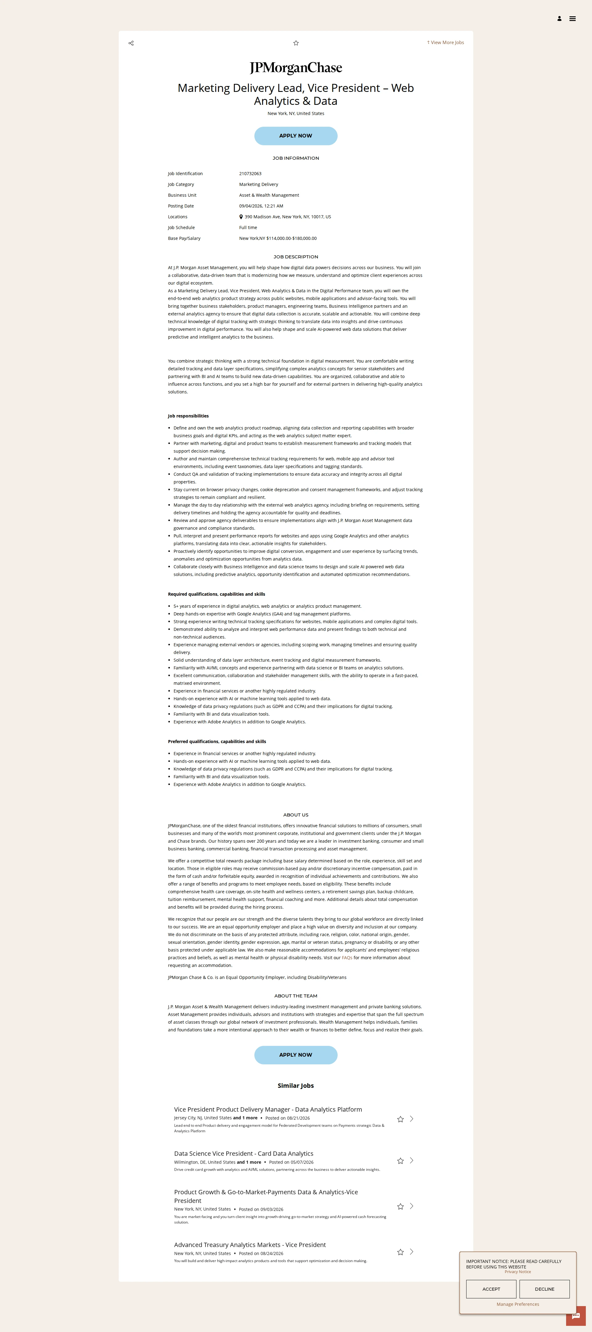 JPMorganChase Marketing Delivery Lead, Vice President – Web Analytics & Data 채용공고