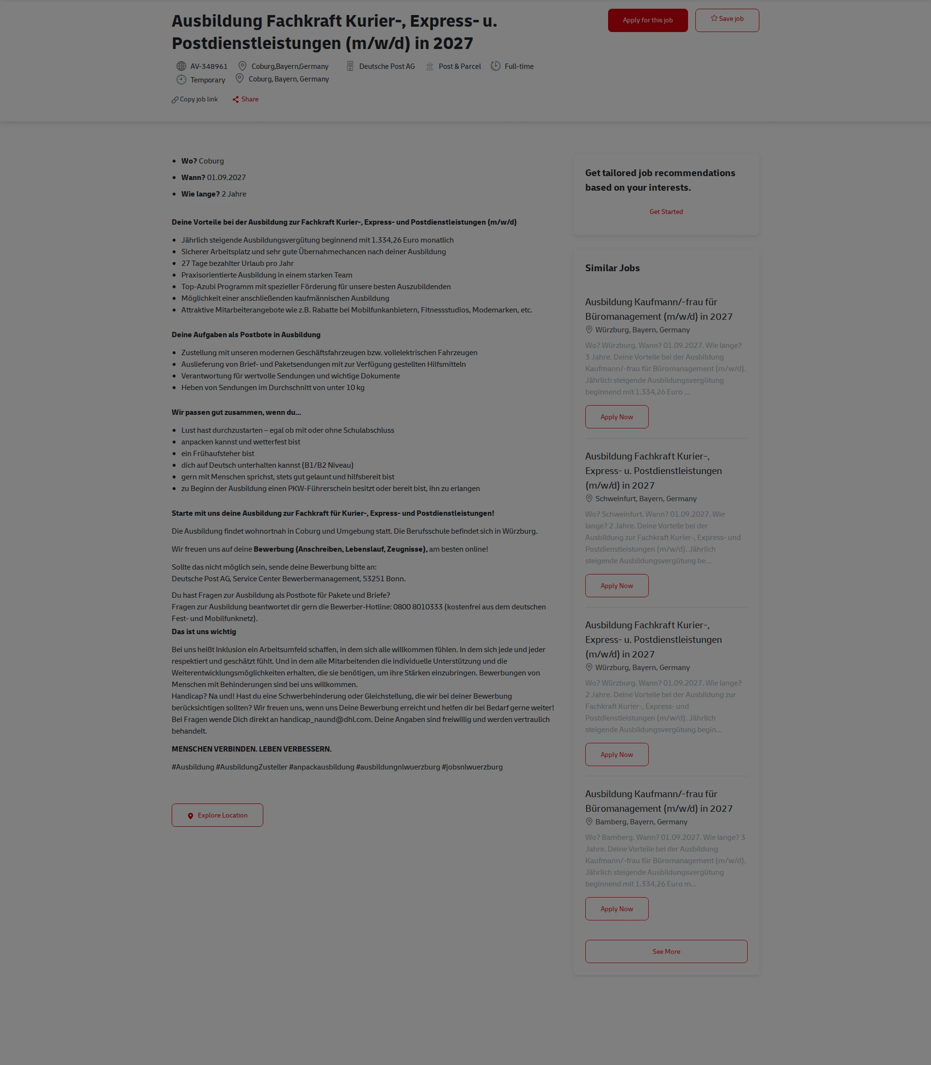 DHL Ausbildung Fachkraft Kurier-, Express- u. Postdienstleistungen (m/w/d) in 2027 채용공고
