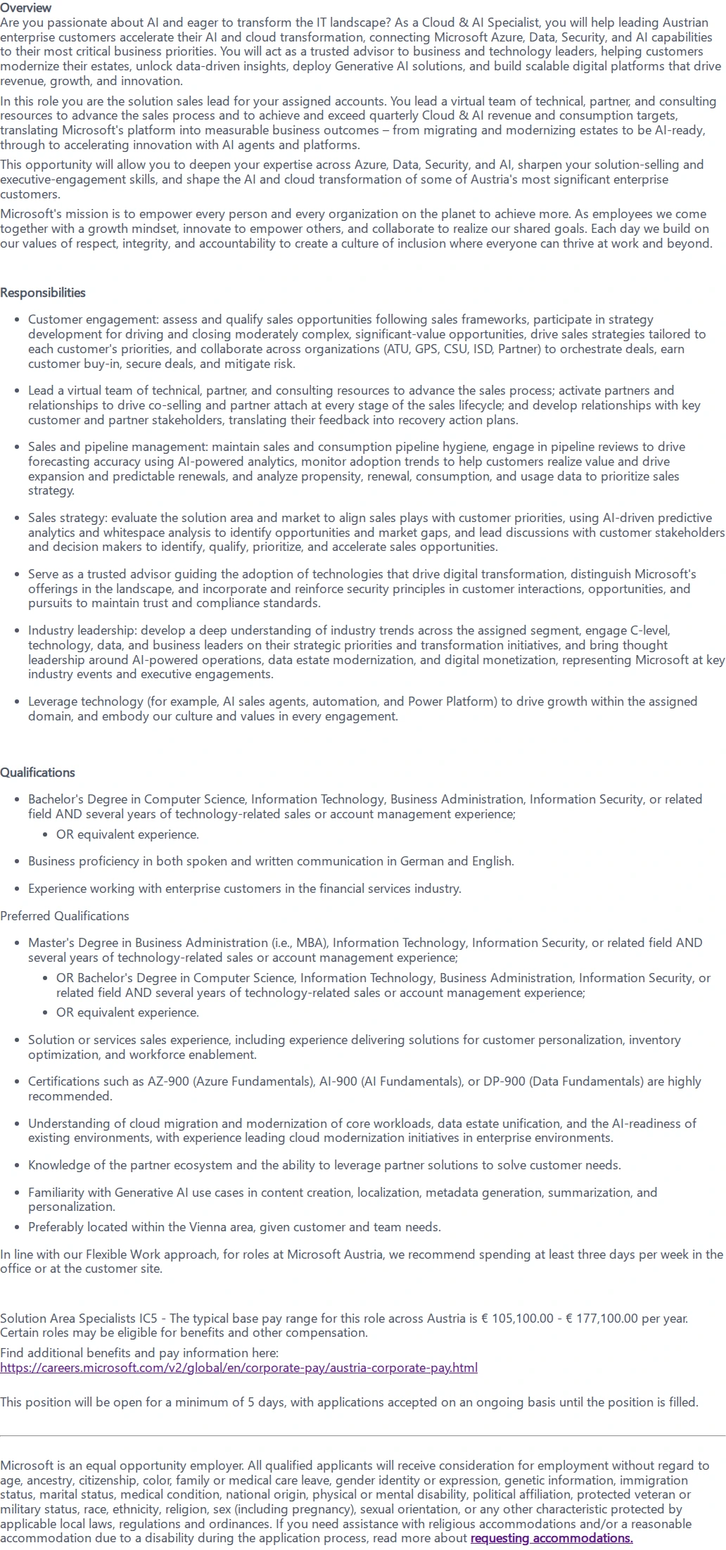 마이크로소프트(Microsoft) Senior Solution Area Specialist - Cloud & AI 채용공고