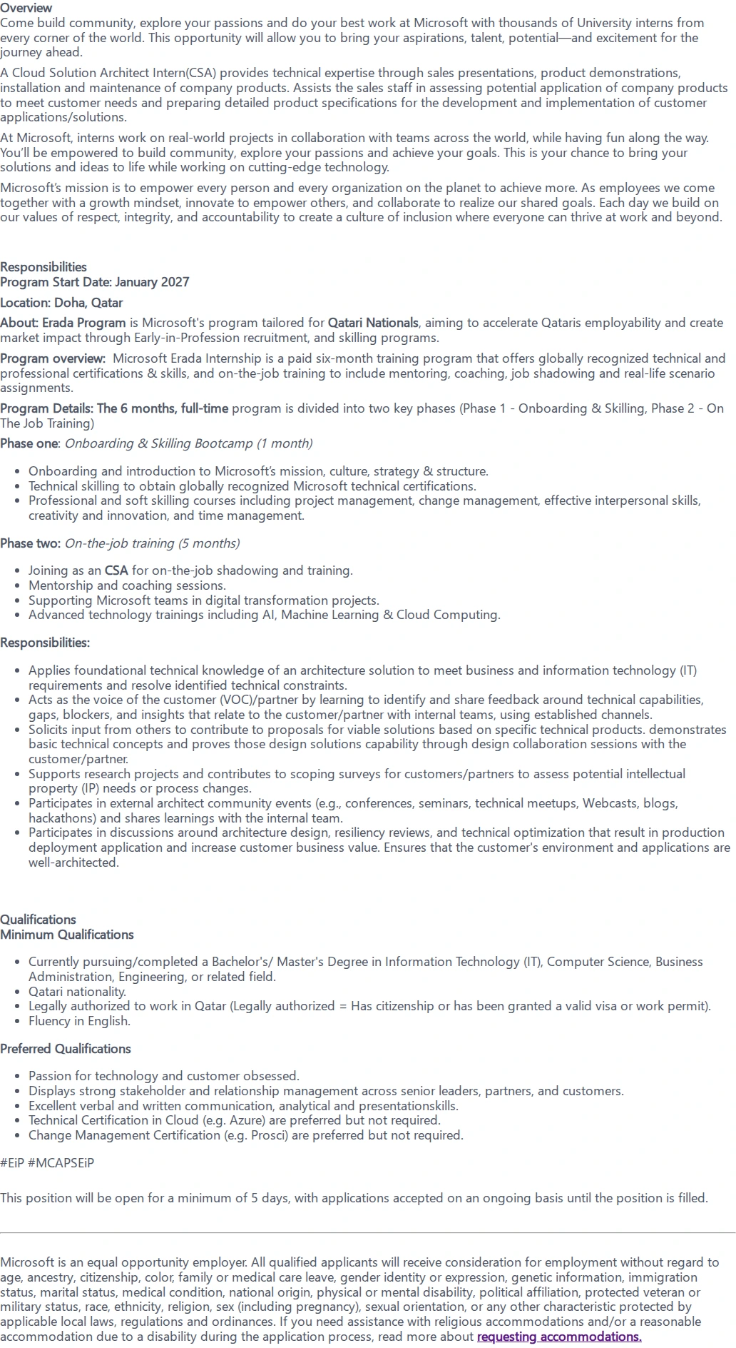 마이크로소프트(Microsoft) Cloud Solution Architect - Erada Internship 채용공고