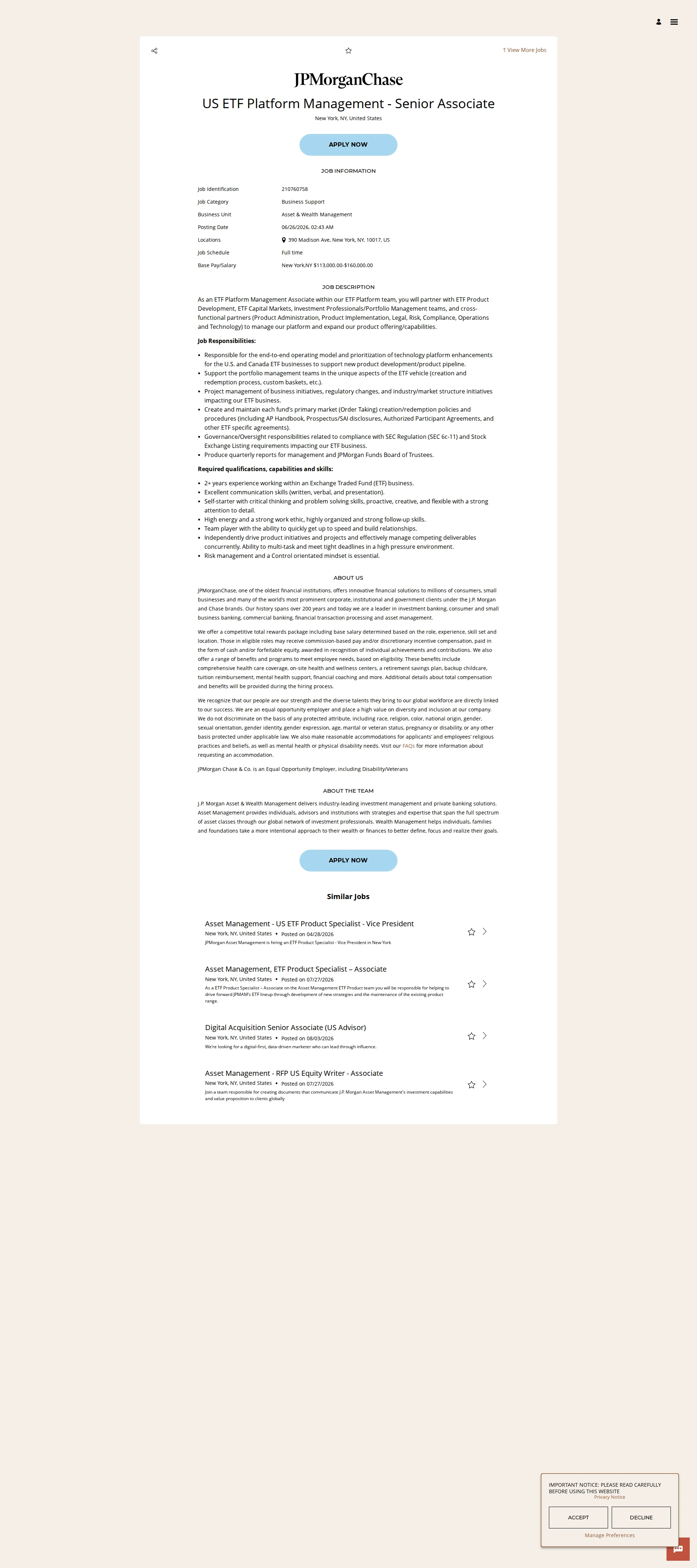 JPMorganChase US ETF Platform Management - Senior Associate 채용공고