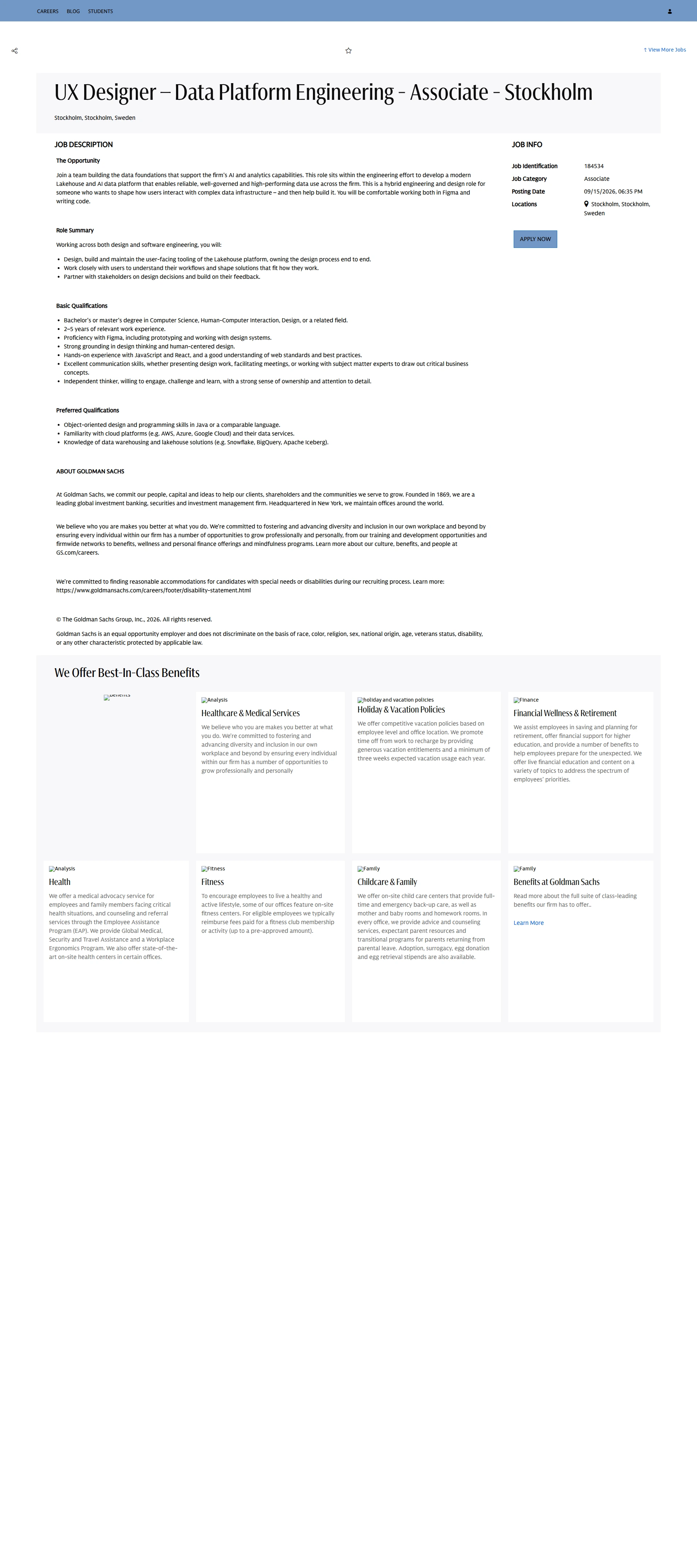 골드만삭스 UX Designer – Data Platform Engineering - Associate - Stockholm 채용공고