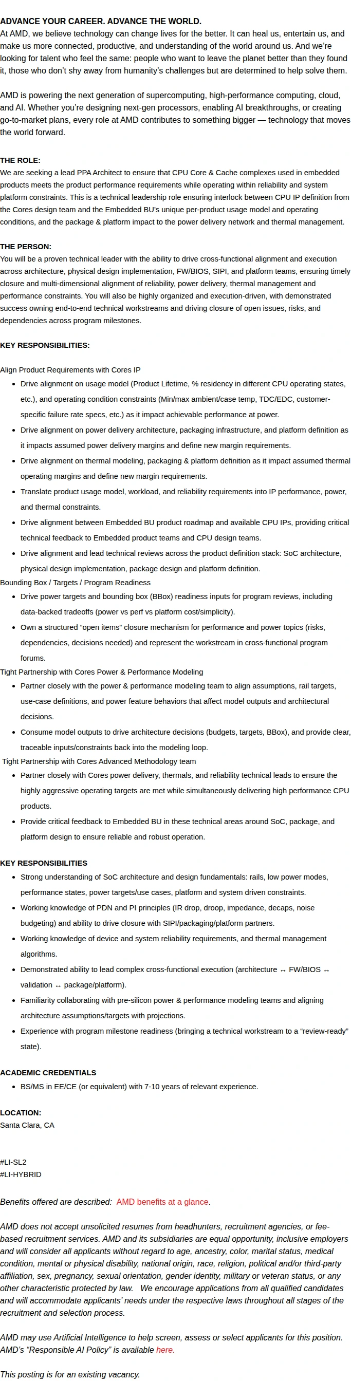 AMD Lead Embedded CPU PPA Architect 채용공고