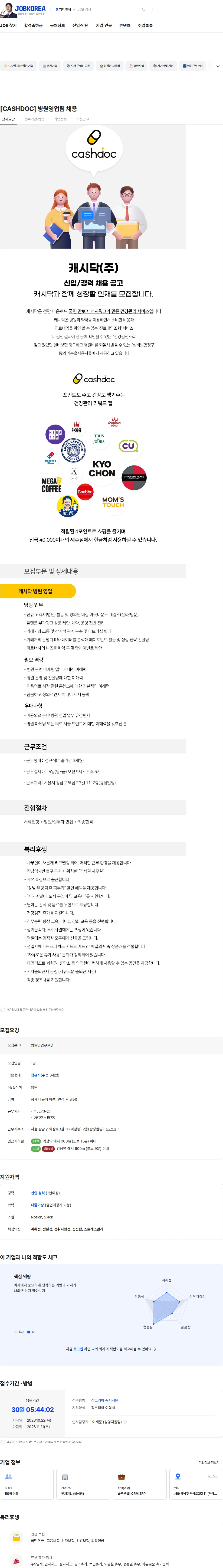 캐시닥 [CASHDOC] 병원영업팀 채용 채용공고