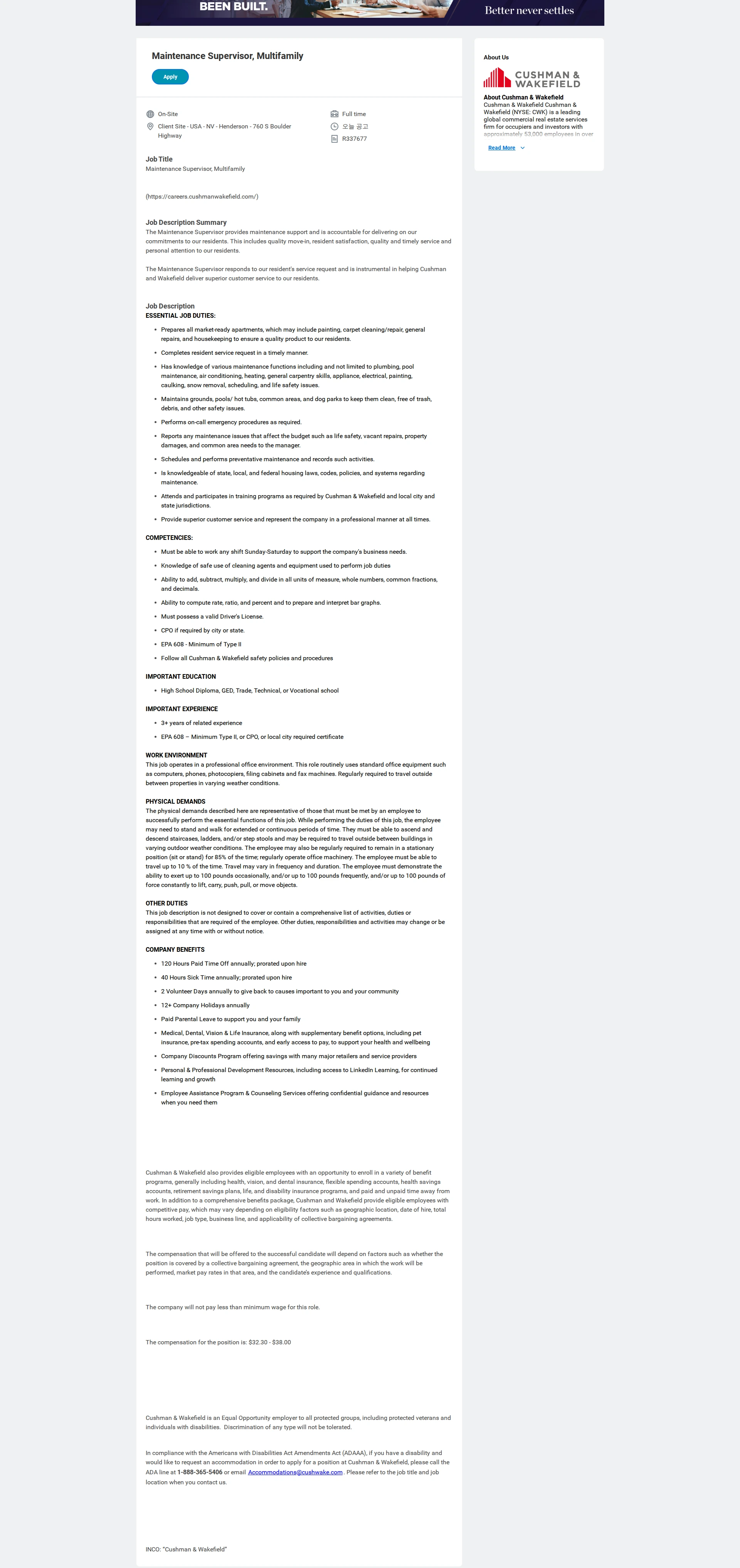 쿠시먼앤드웨이크필드 Maintenance Supervisor, Multifamily 채용공고