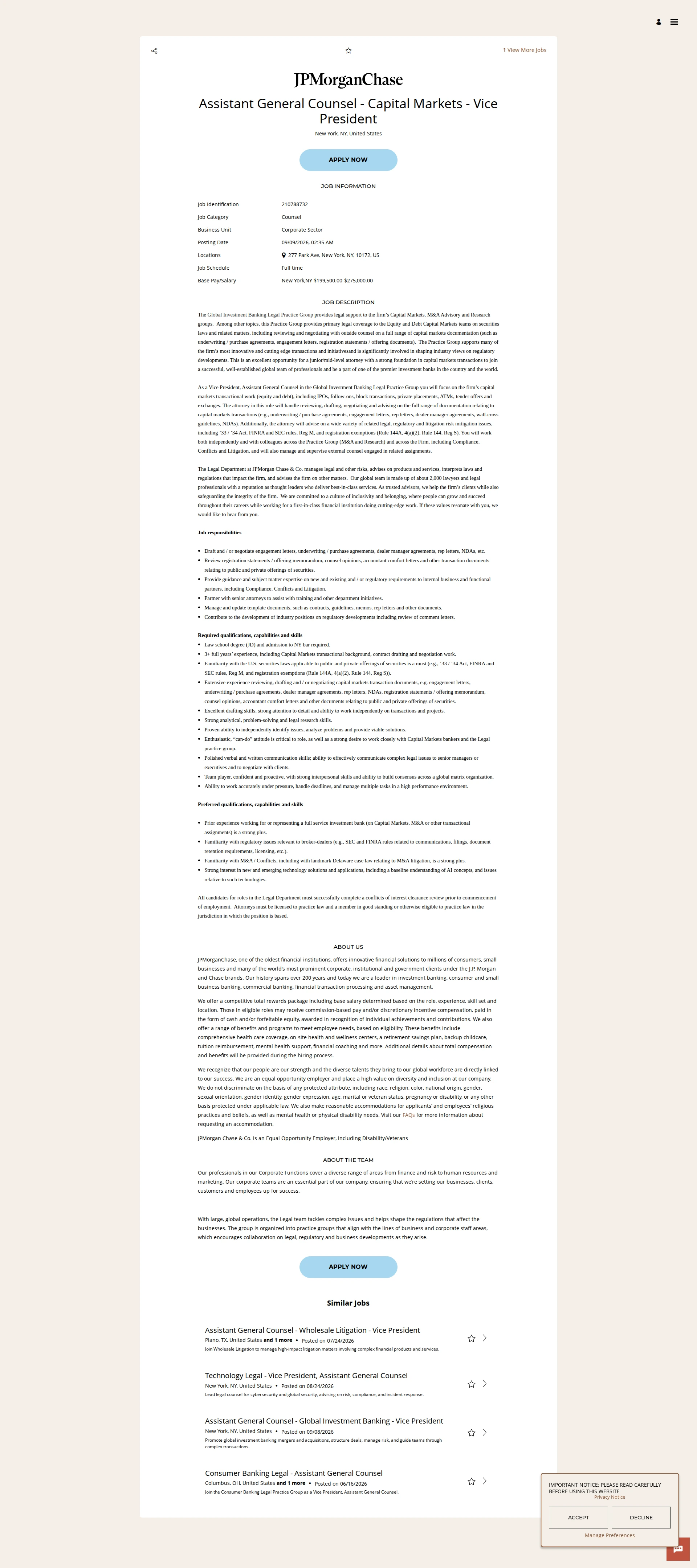 JPMorganChase Assistant General Counsel - Capital Markets - Vice President 채용공고