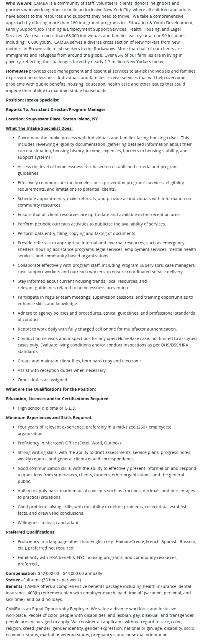 CAMBA Intake Specialist, HomeBase (Staten Island) 채용공고