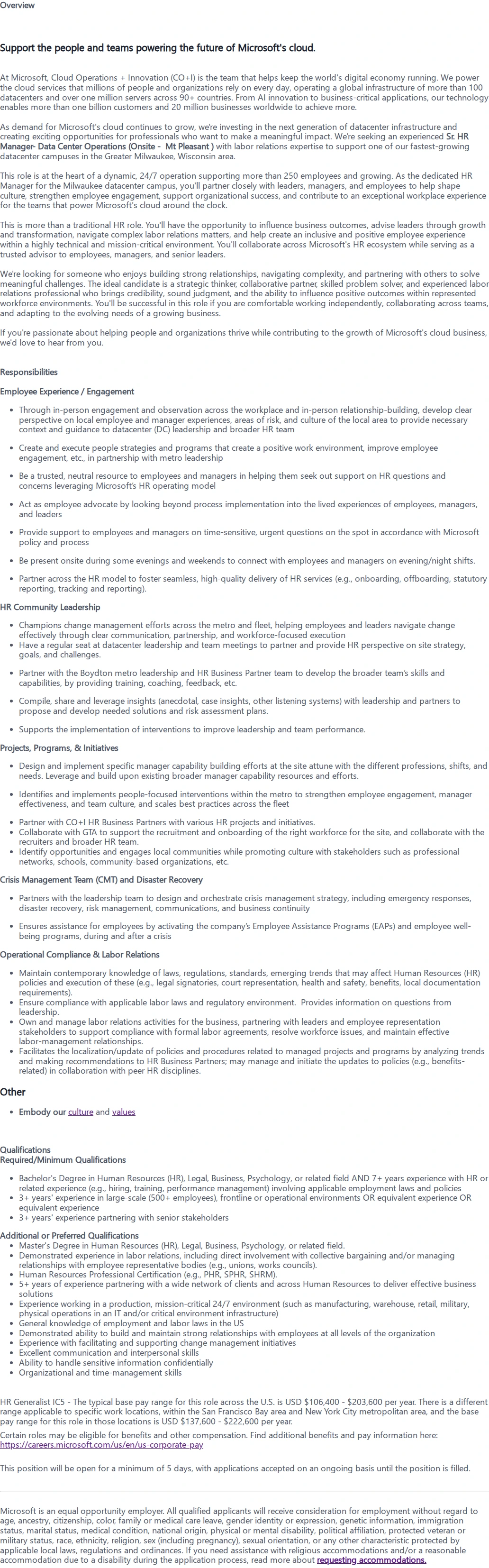 마이크로소프트(Microsoft) HR Manager- Data Center Operations (Onsite - Greater Milwaukee / Mt Pleasant, WI) 채용공고