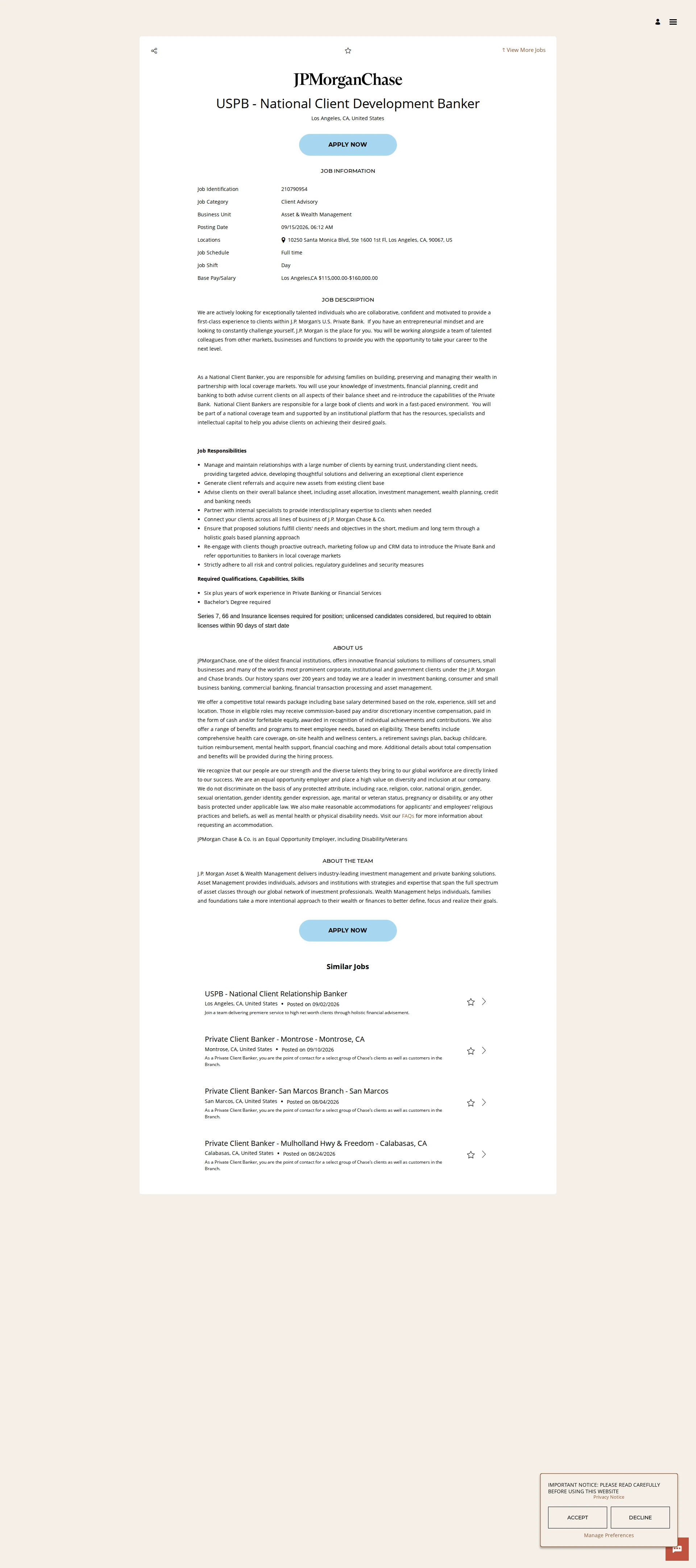 JPMorganChase USPB - National Client Development Banker 채용공고