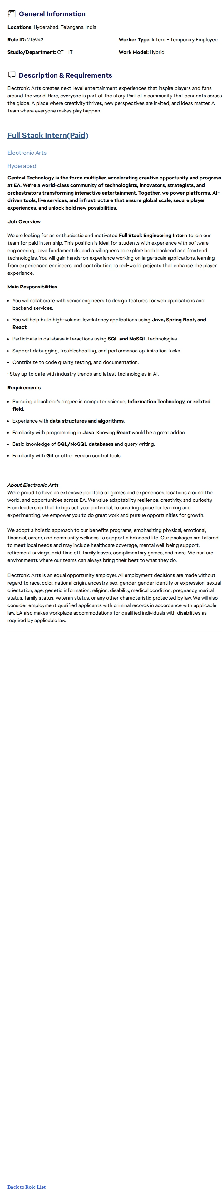 ElectronicArts Java Full Stack Intern 채용공고