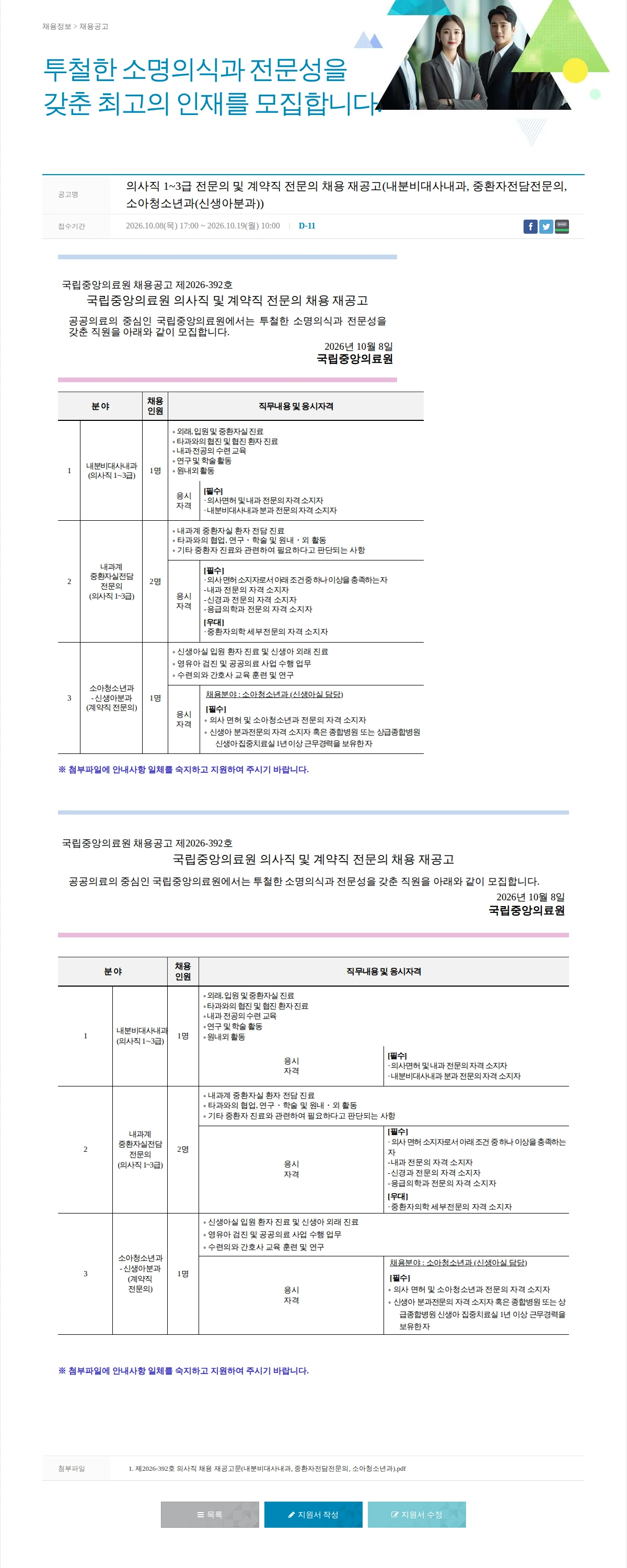 국립중앙의료원 의사직 1~3급 전문의  및 계약직 전문의 채용 재공고(내분비대사내과, 중환자전담전문의, 소아청소년과(신생아분과)) 채용공고