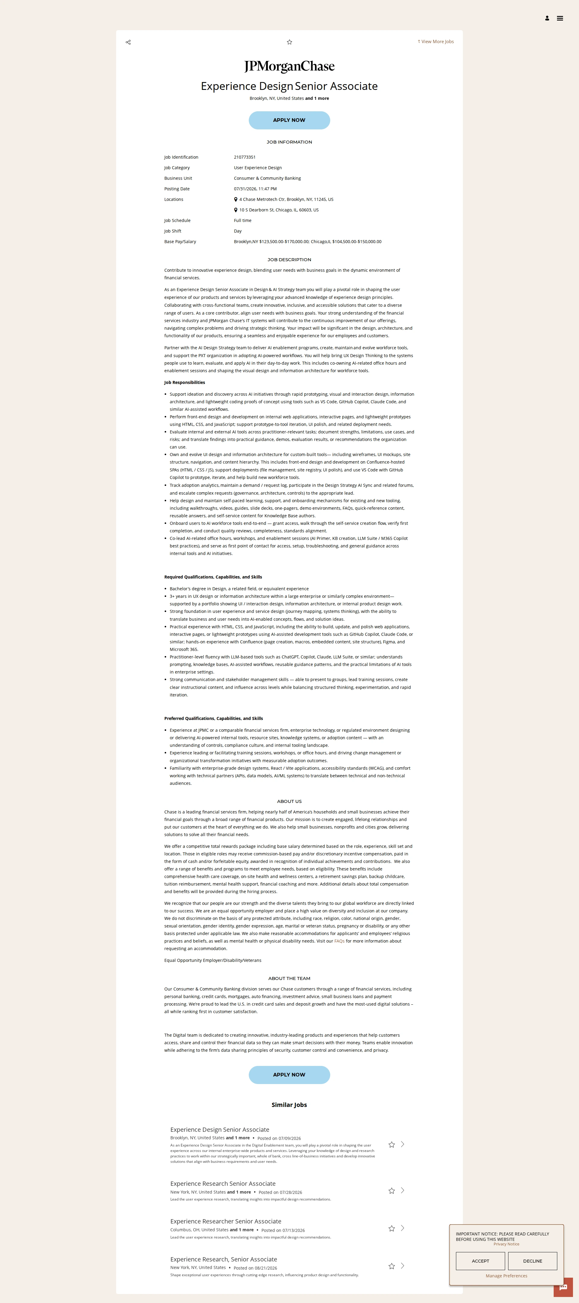 JPMorganChase Experience Design Senior Associate 채용공고