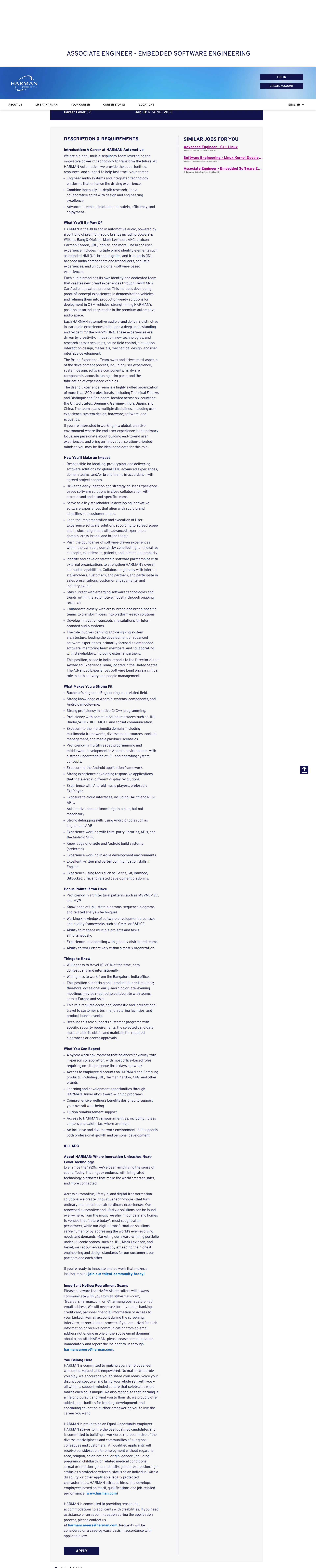 하만 Associate Engineer - Embedded Software Engineering 채용공고