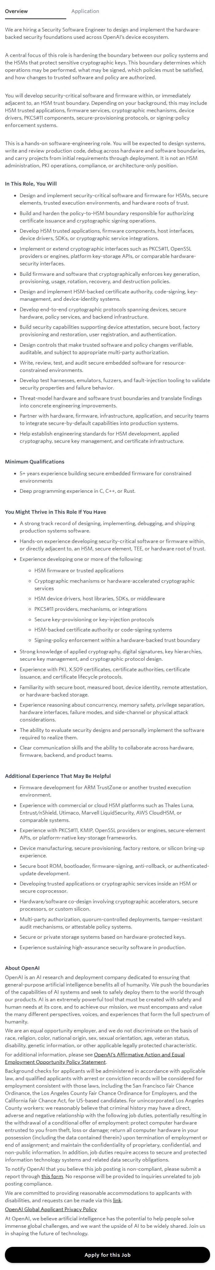 오픈에이아이(OpenAI) Software Engineer, HSM Infrastructure Security, Consumer Devices 채용공고