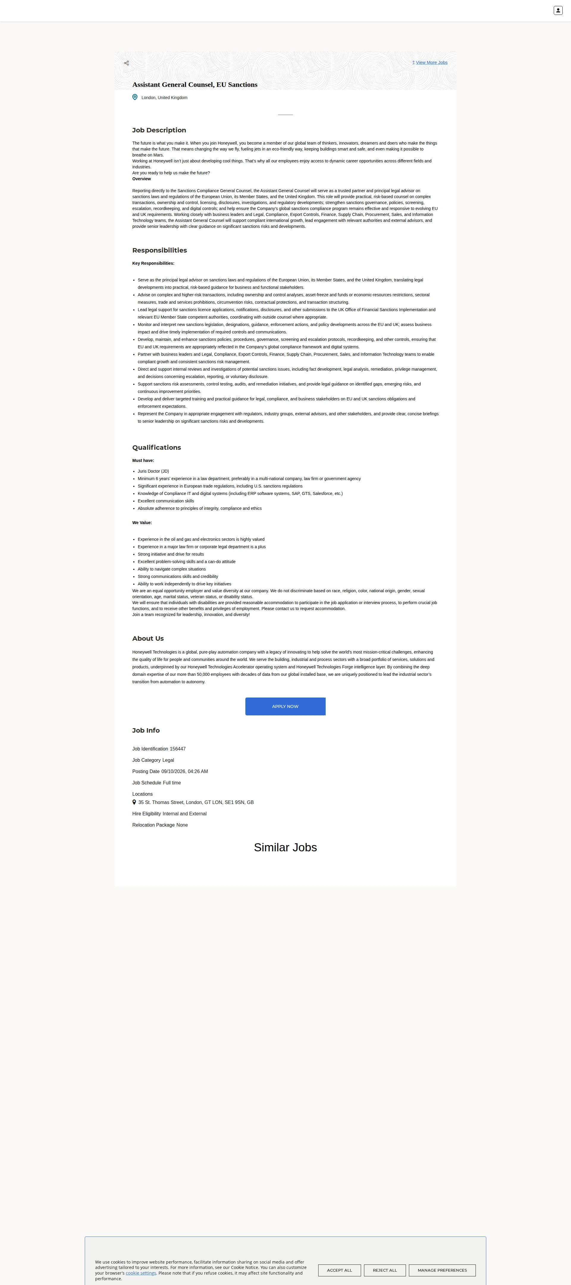 허니웰 Assistant General Counsel, EU Sanctions 채용공고