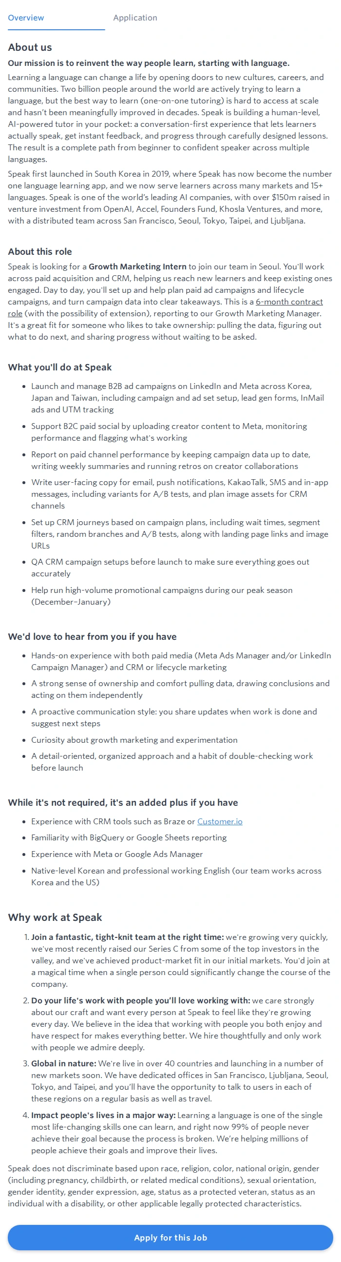 스픽 Growth Marketing Intern 채용공고