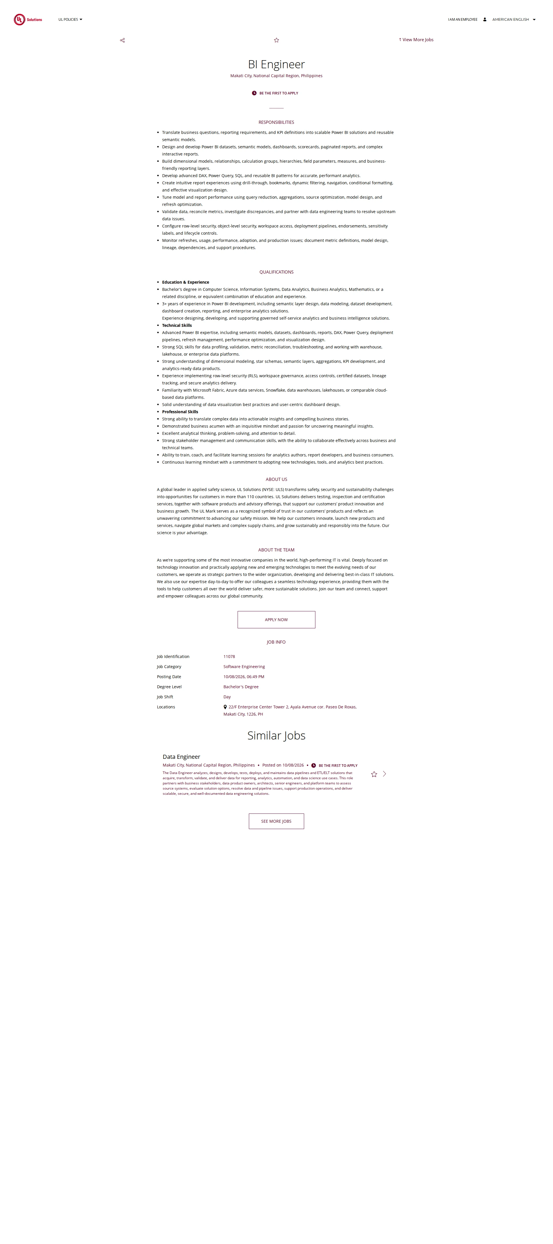 UL Solutions BI Engineer 채용공고