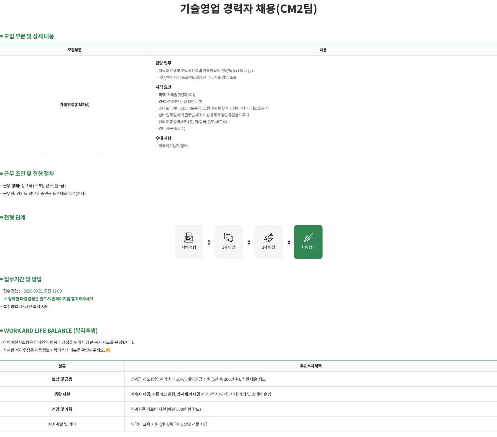 하이비젼시스템 기술영업 경력자 채용(CM2팀) 채용공고