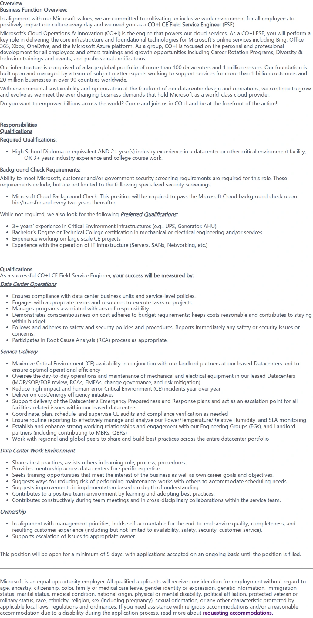 마이크로소프트(Microsoft) CE Field Service Engineer 채용공고