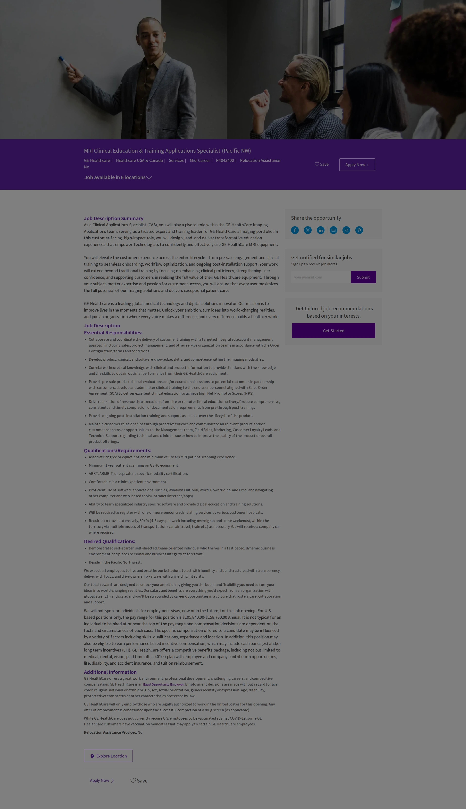 GE헬스케어 MRI Clinical Education & Training Applications Specialist (Pacific NW) 채용공고