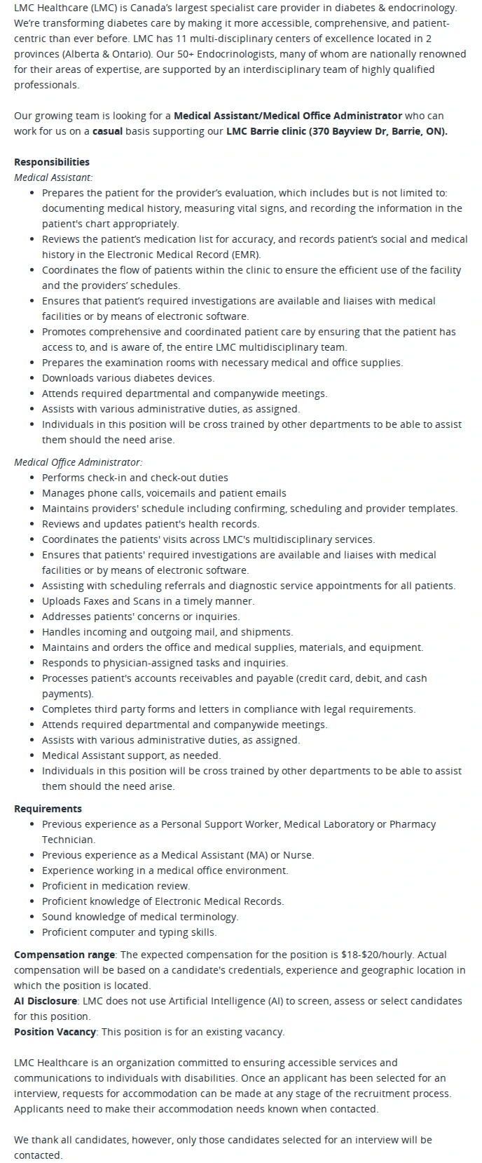 LMC Healthcare Medical Assistant/Medical Office Administrator 채용공고