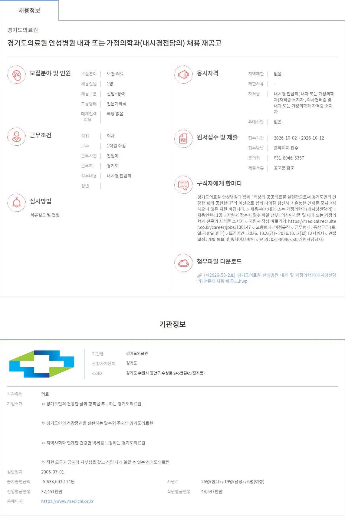 경기도의료원 경기도의료원 안성병원 내과 또는 가정의학과(내시경전담의) 채용 재공고 채용공고