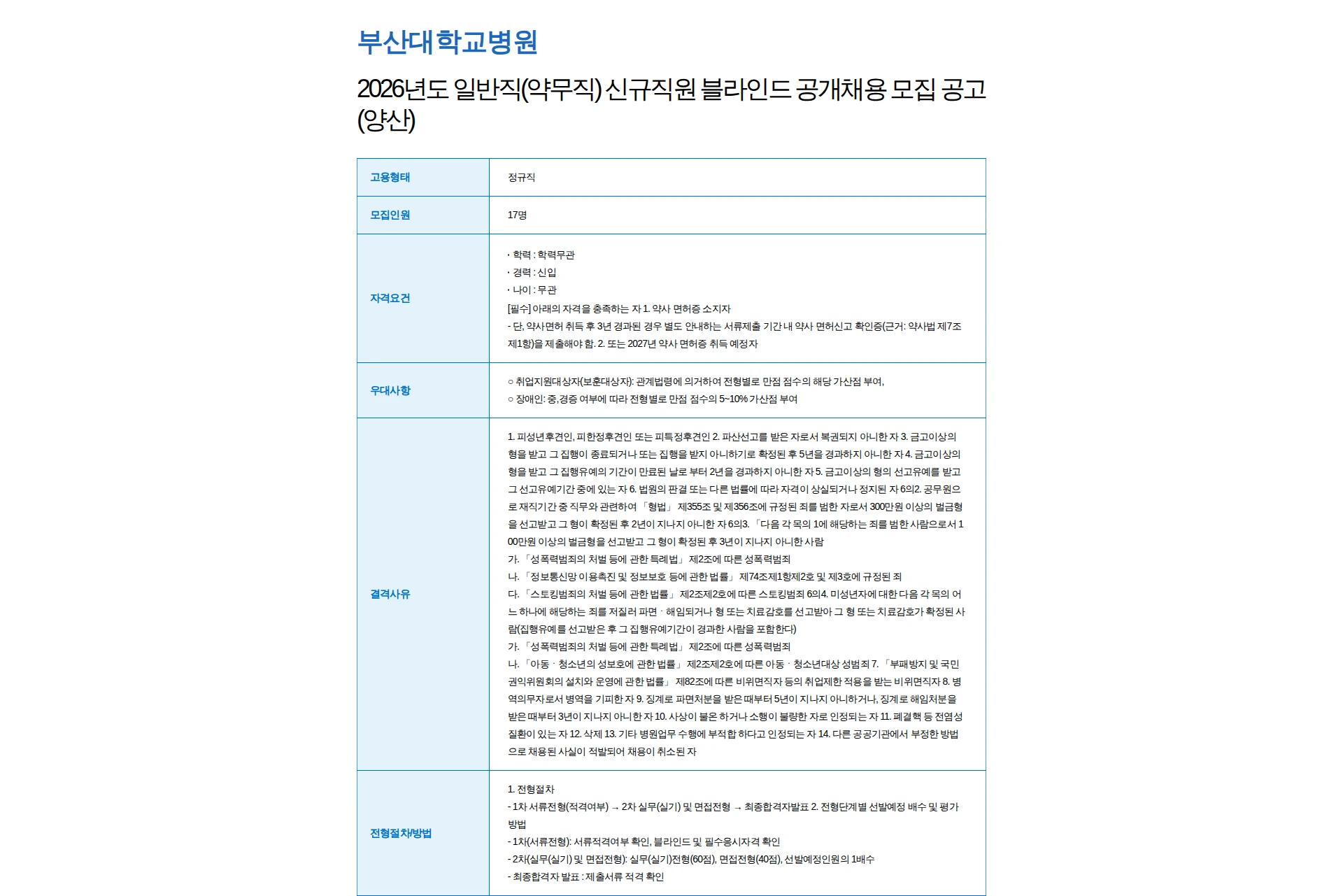 부산대학교병원 2026년도 일반직(약무직) 신규직원 블라인드 공개채용 모집 공고(양산) 채용공고