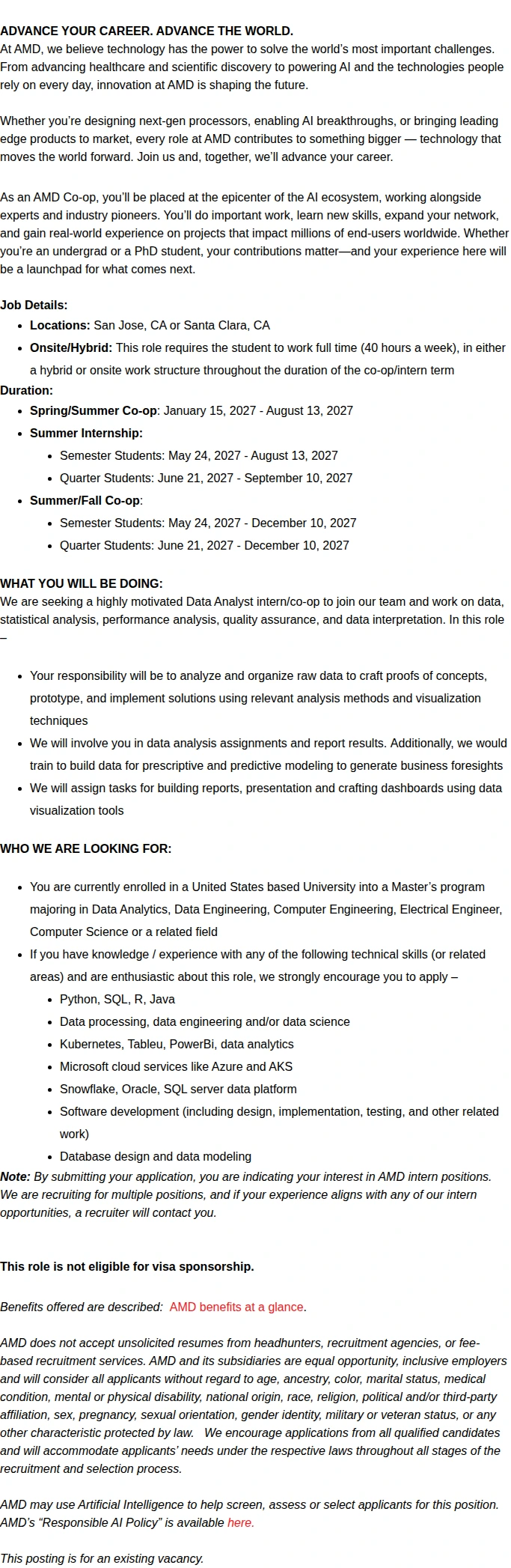 AMD 2027 Masters Data Analyst Intern/co-op 채용공고