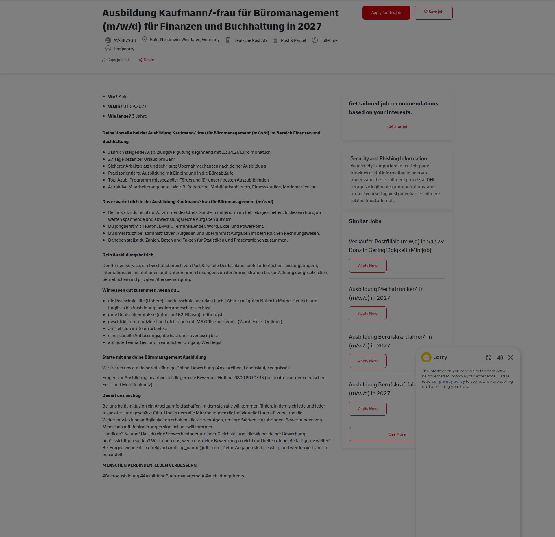 DHL Ausbildung Kaufmann/-frau für Büromanagement (m/w/d) für Finanzen und Buchhaltung in 2027 채용공고