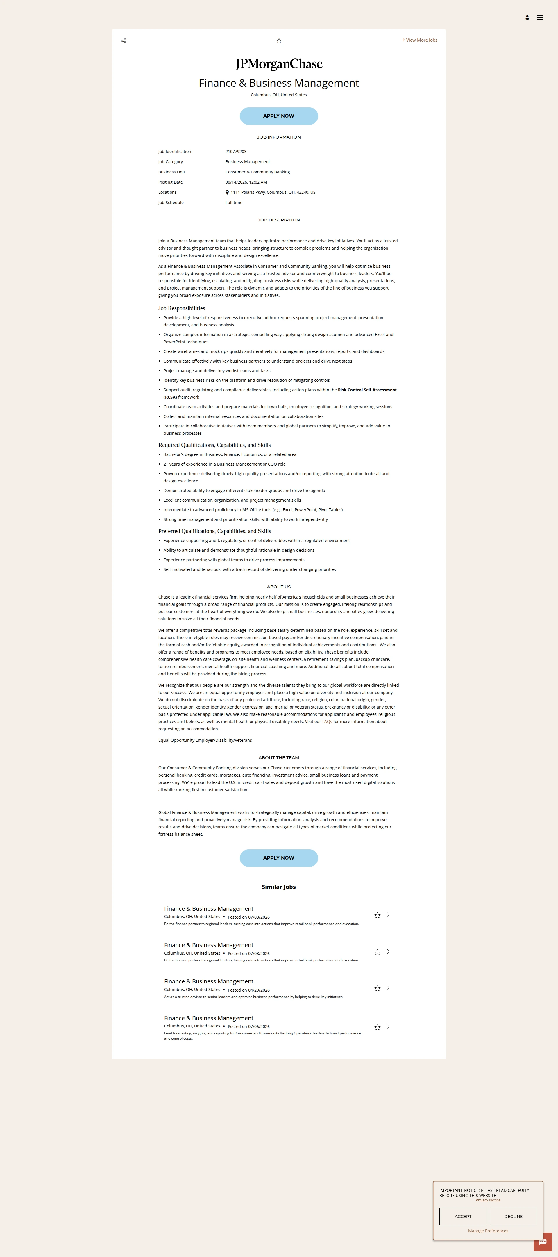 JPMorganChase Finance & Business Management 채용공고