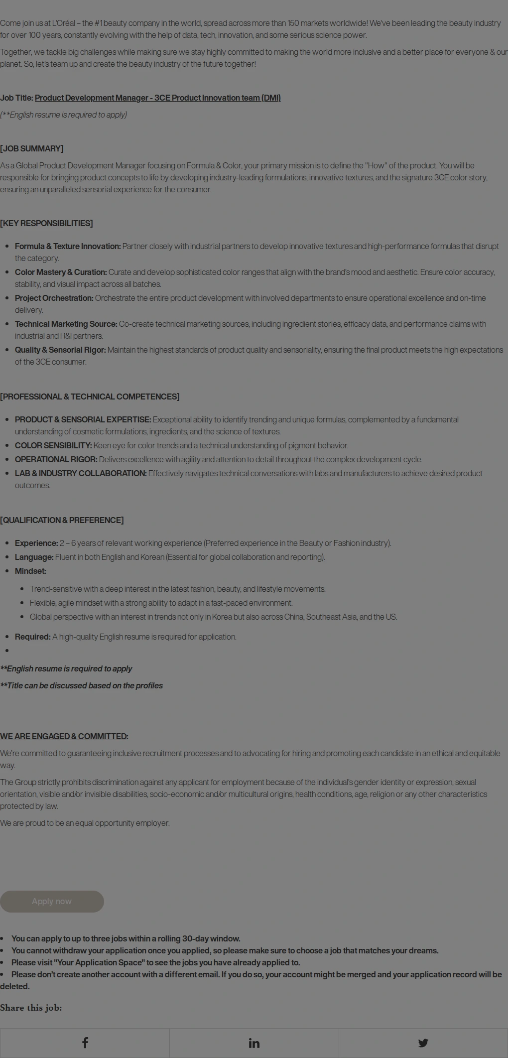 로레알(L'Oreal) [L'Oreal Korea] Product Development Manager - 3CE Innovation team (DMI) 채용공고