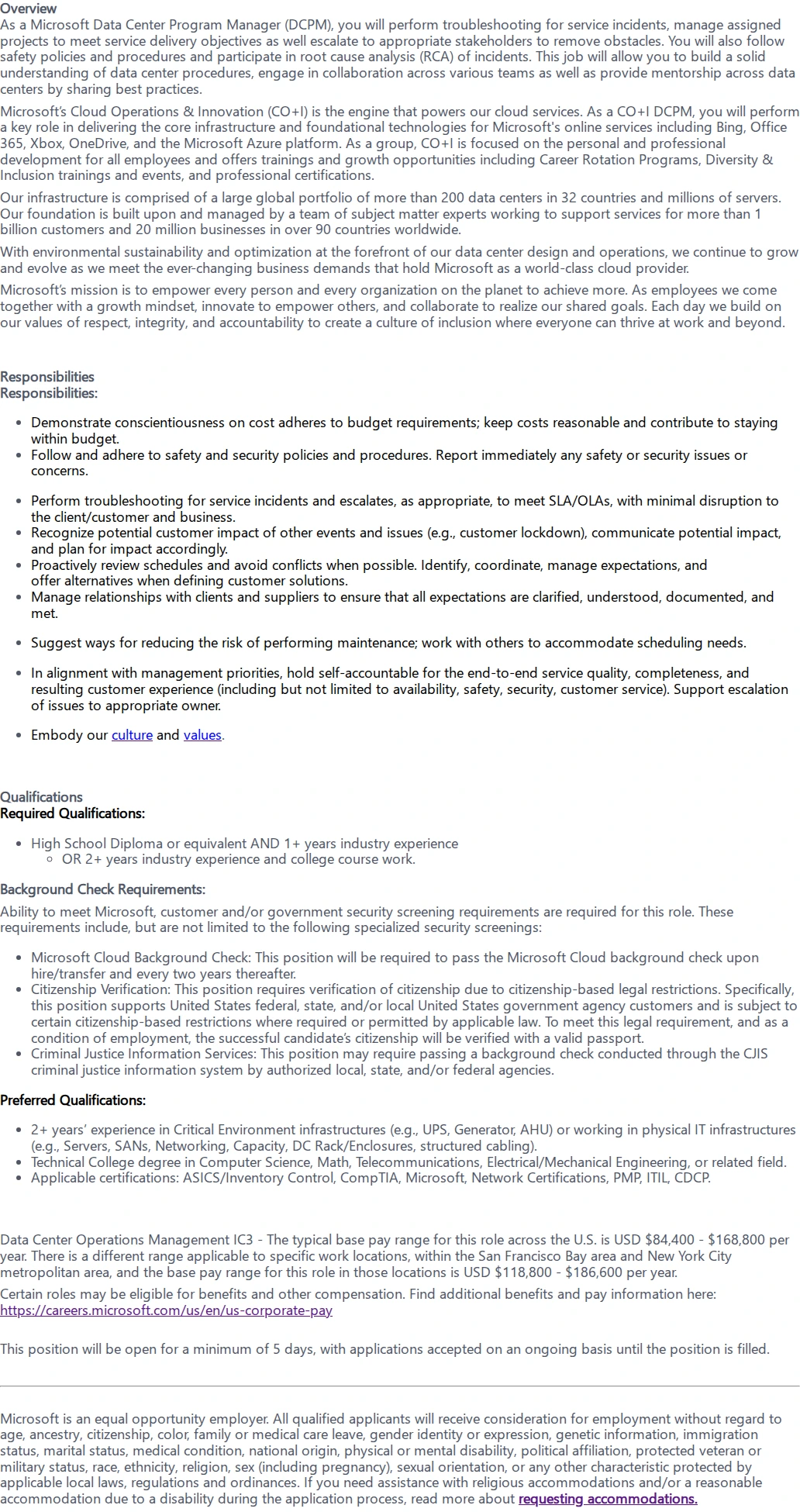 마이크로소프트(Microsoft) Data Center Program Manager 채용공고