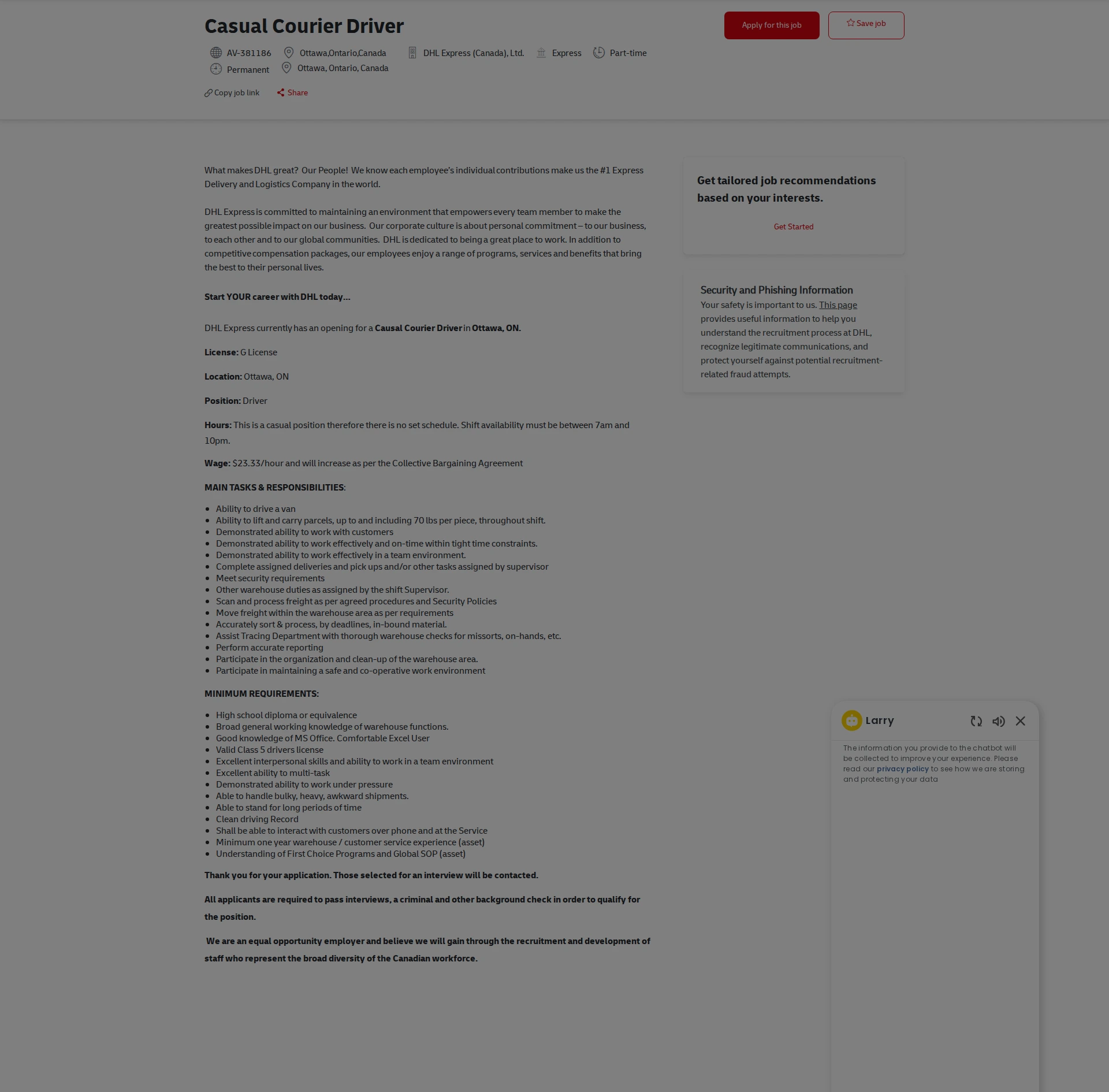 DHL Casual Courier Driver 채용공고