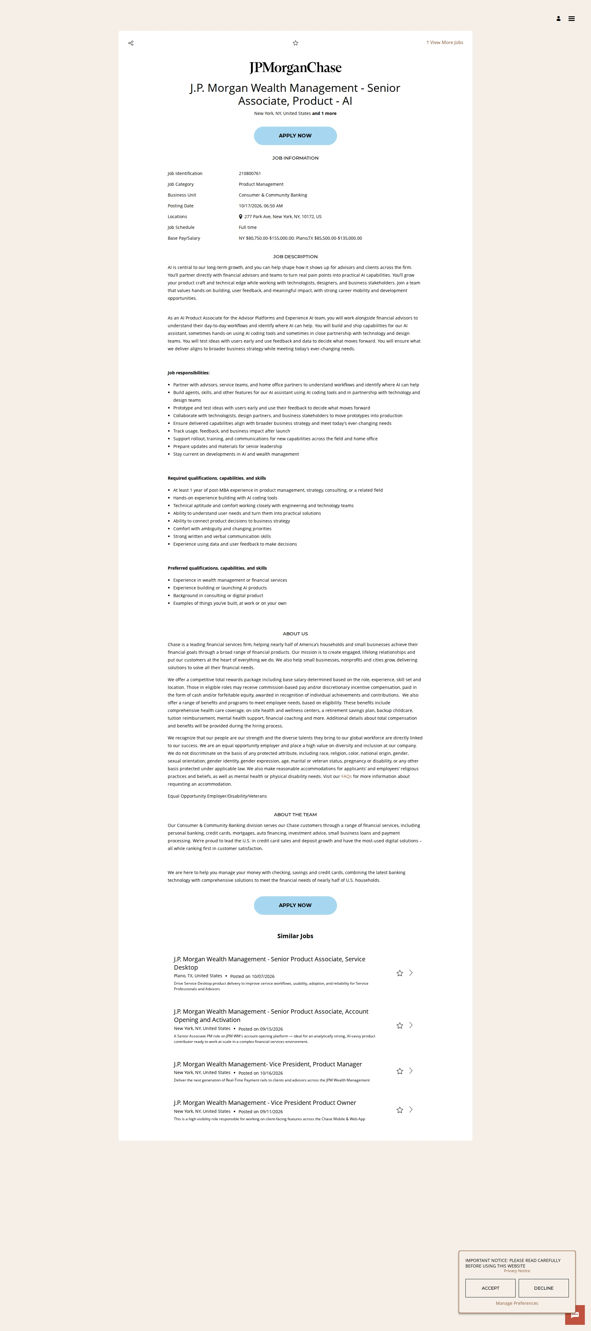 JPMorganChase J.P. Morgan Wealth Management - Senior Associate, Product - AI 채용공고
