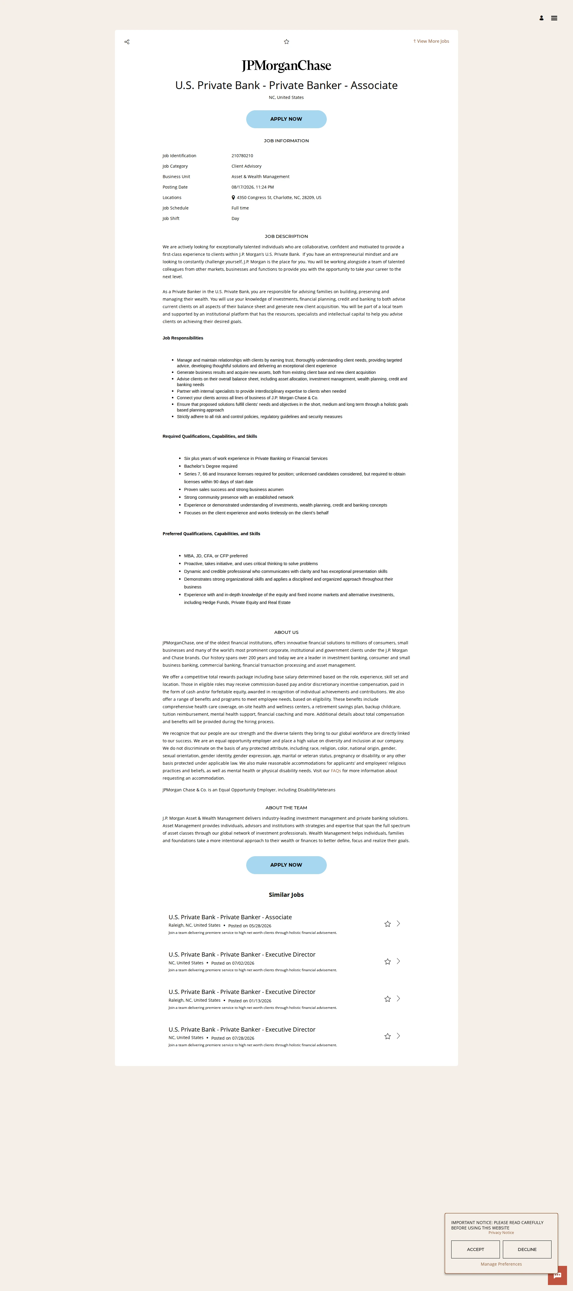 JPMorganChase U.S. Private Bank - Private Banker - Associate 채용공고
