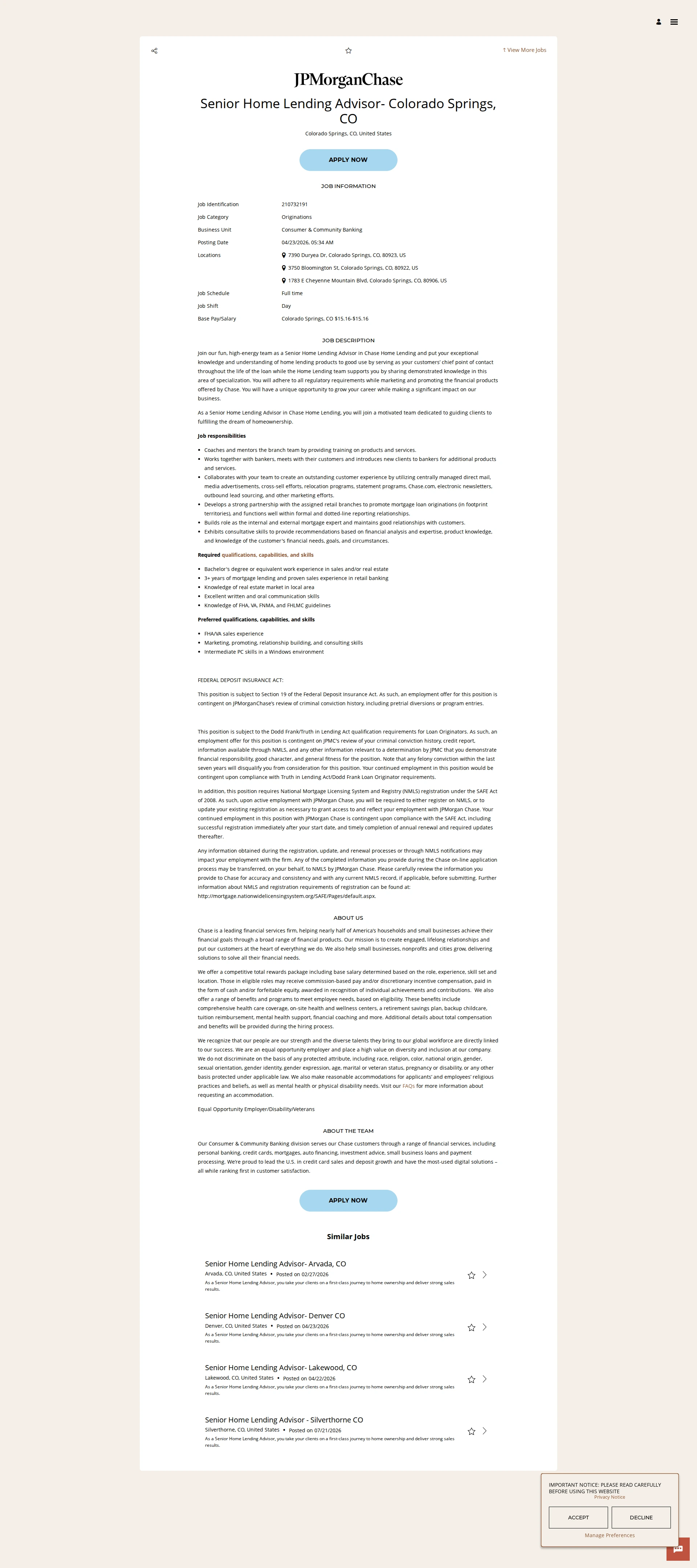 JPMorganChase Senior Home Lending Advisor- Colorado Springs, CO 채용공고