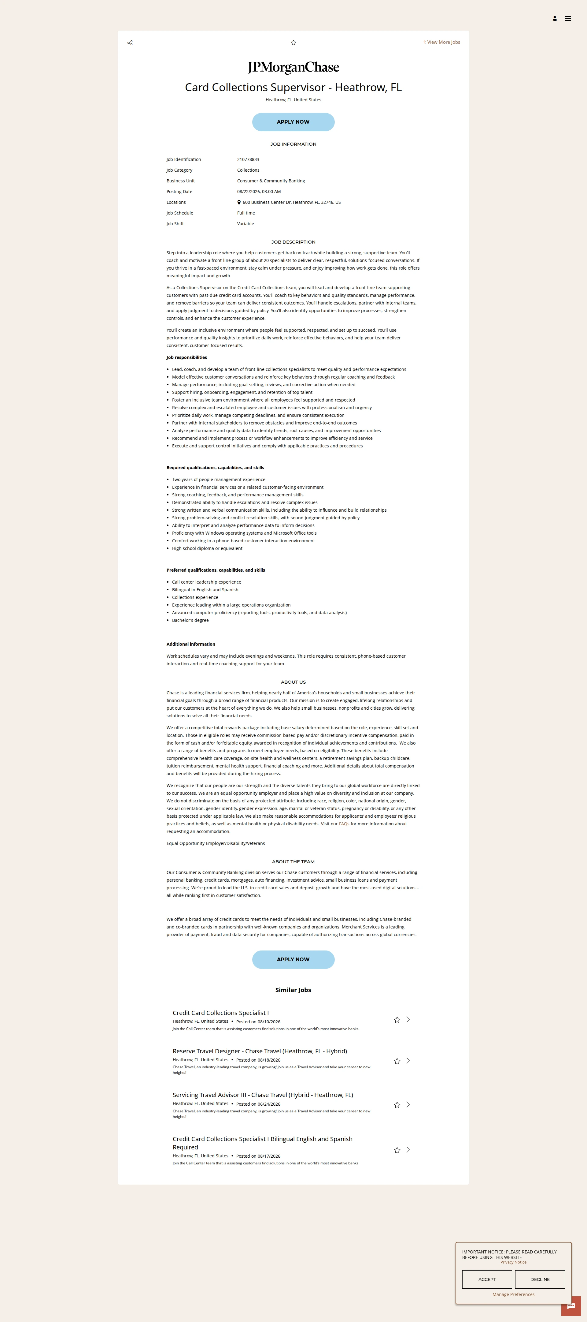 JPMorganChase Card Collections Supervisor - Heathrow, FL 채용공고