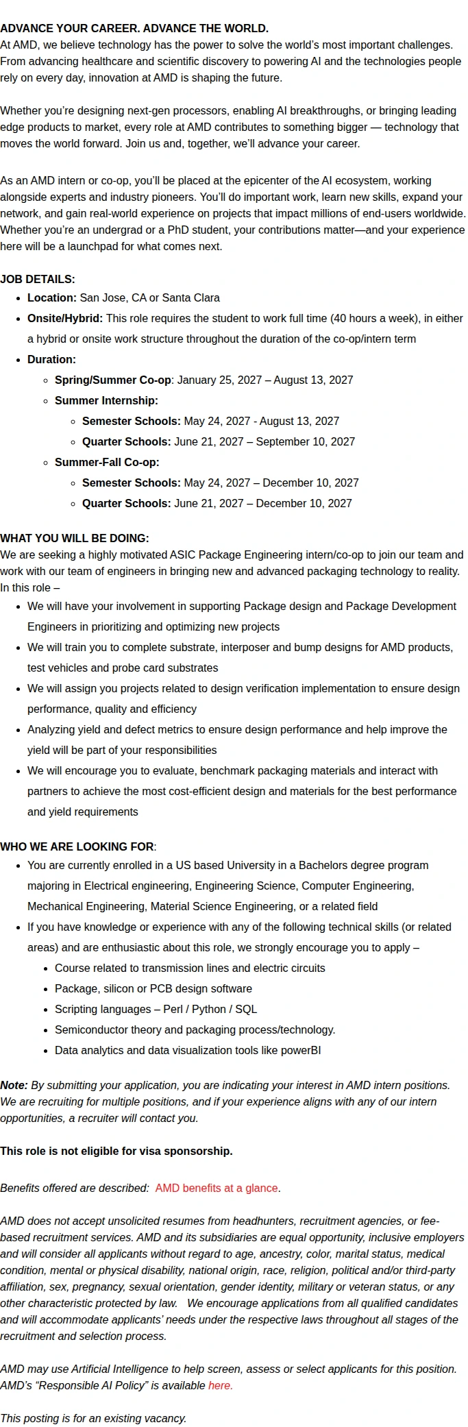 AMD 2027 Undergrad ASIC Package Engineering Co-op/Intern 채용공고